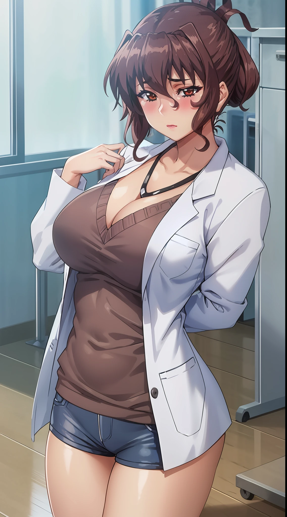 (beautiful hand:1.2), (masterpiece, best quality:1.3), Aiko Katsuragi, mature female, (half body shot:1.05), milf, (curvy:0.9), 1girl, anime face, doctor, labcoat, makeup, large breasts, lipstick, brown eyes, folded ponytail, brown hair, cleavage, perfect body, (athletic body:1.3), perfect eyes, perfect retina, anime eyes, smoky eyeliner, eyeshadow, perfect face, caring face, glance, blush, high sharpness, sharp focus, medical room, professional artwork, intricate details, vivid colors, Diffused lighting, digital blending, ultra detailed body, ultra detail hair, ultra detail face, trending on pixiv