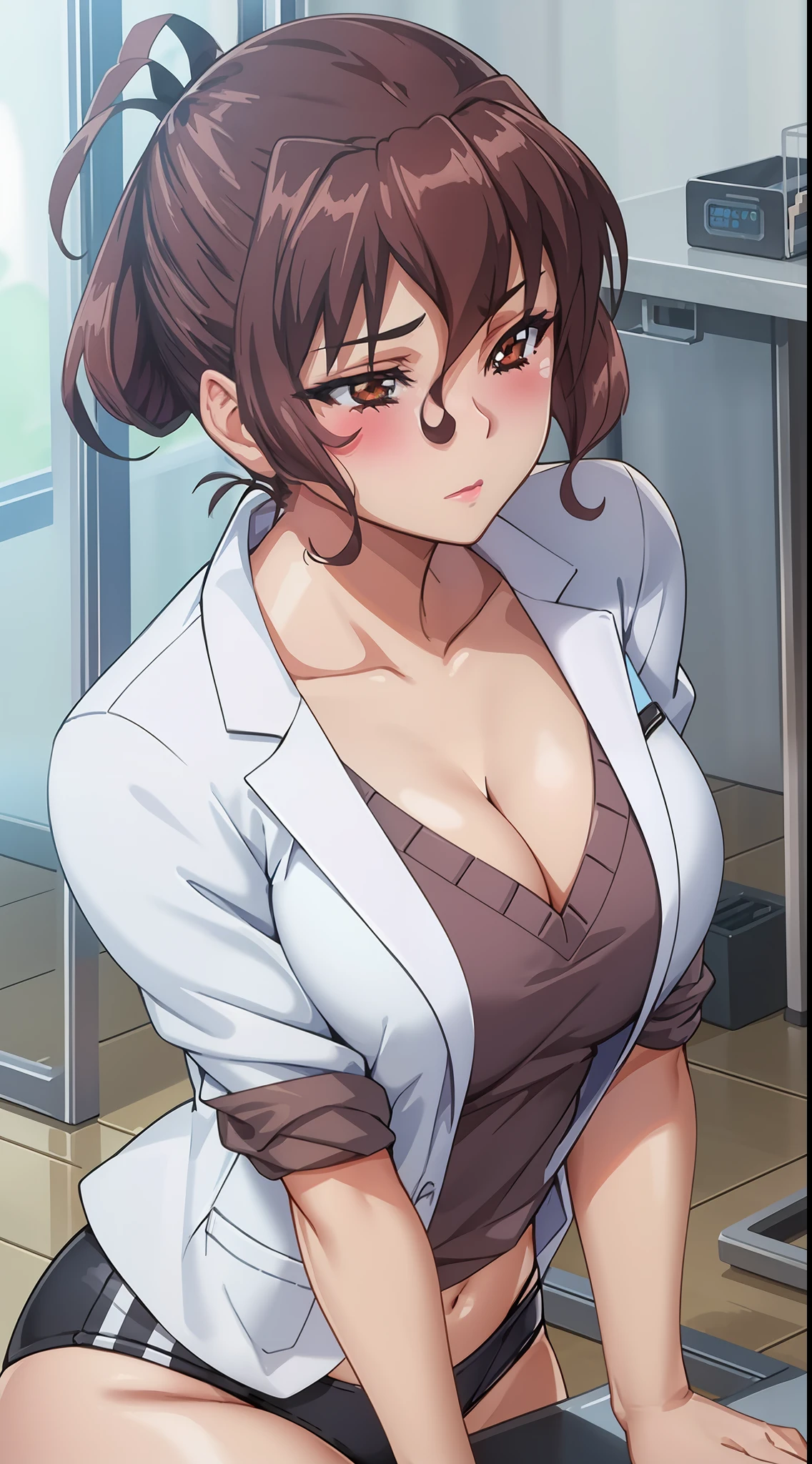 (beautiful hand:1.2), (masterpiece, best quality:1.3), Aiko Katsuragi, mature female, (half body shot:1.05), milf, (curvy:0.9), 1girl, anime face, doctor, labcoat, makeup, large breasts, lipstick, brown eyes, folded ponytail, brown hair, cleavage, perfect body, (athletic body:1.3), perfect eyes, perfect retina, anime eyes, smoky eyeliner, eyeshadow, perfect face, caring face, glance, blush, high sharpness, sharp focus, medical room, professional artwork, intricate details, vivid colors, Diffused lighting, digital blending, ultra detailed body, ultra detail hair, ultra detail face, trending on pixiv