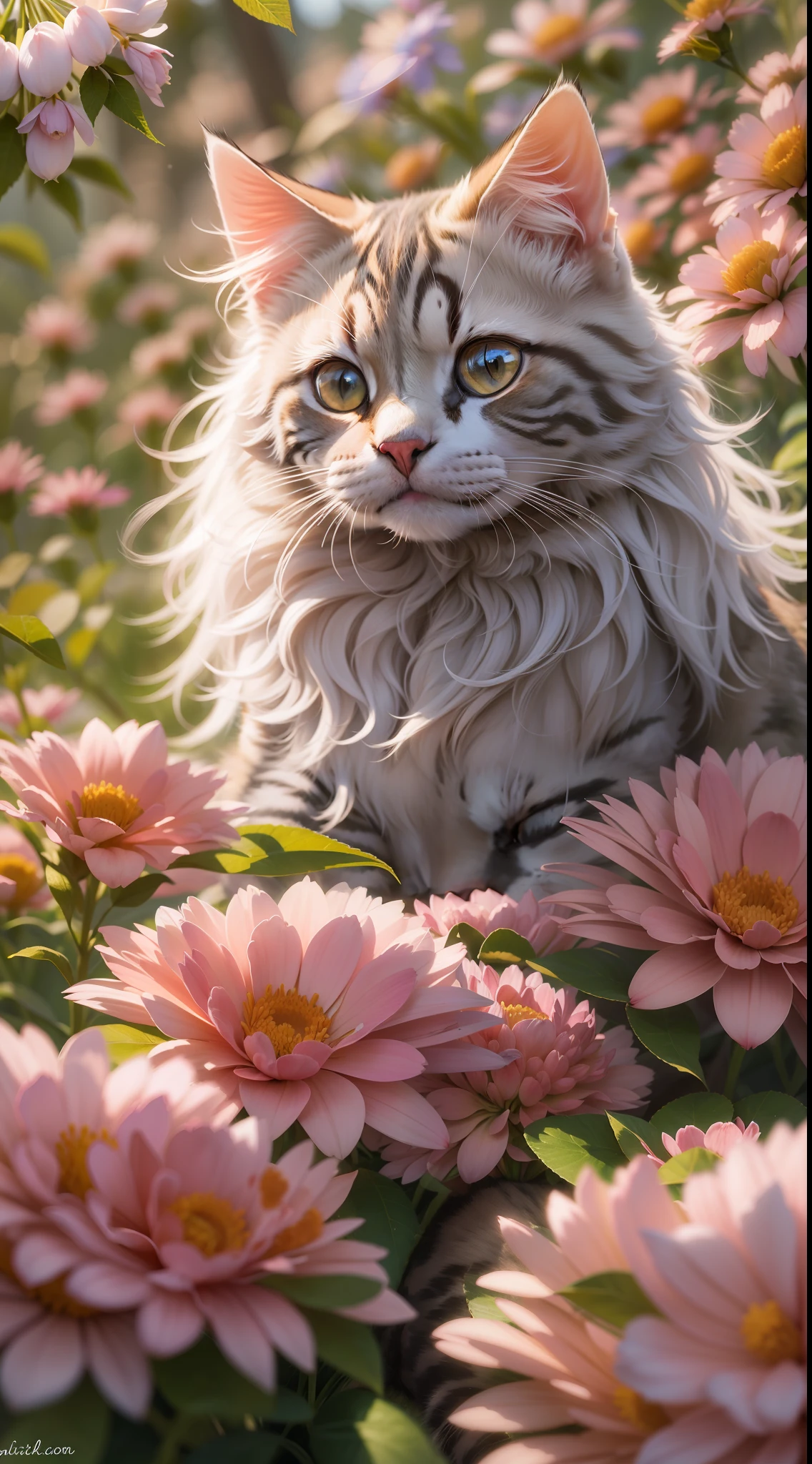 A furry cat sits in a flower