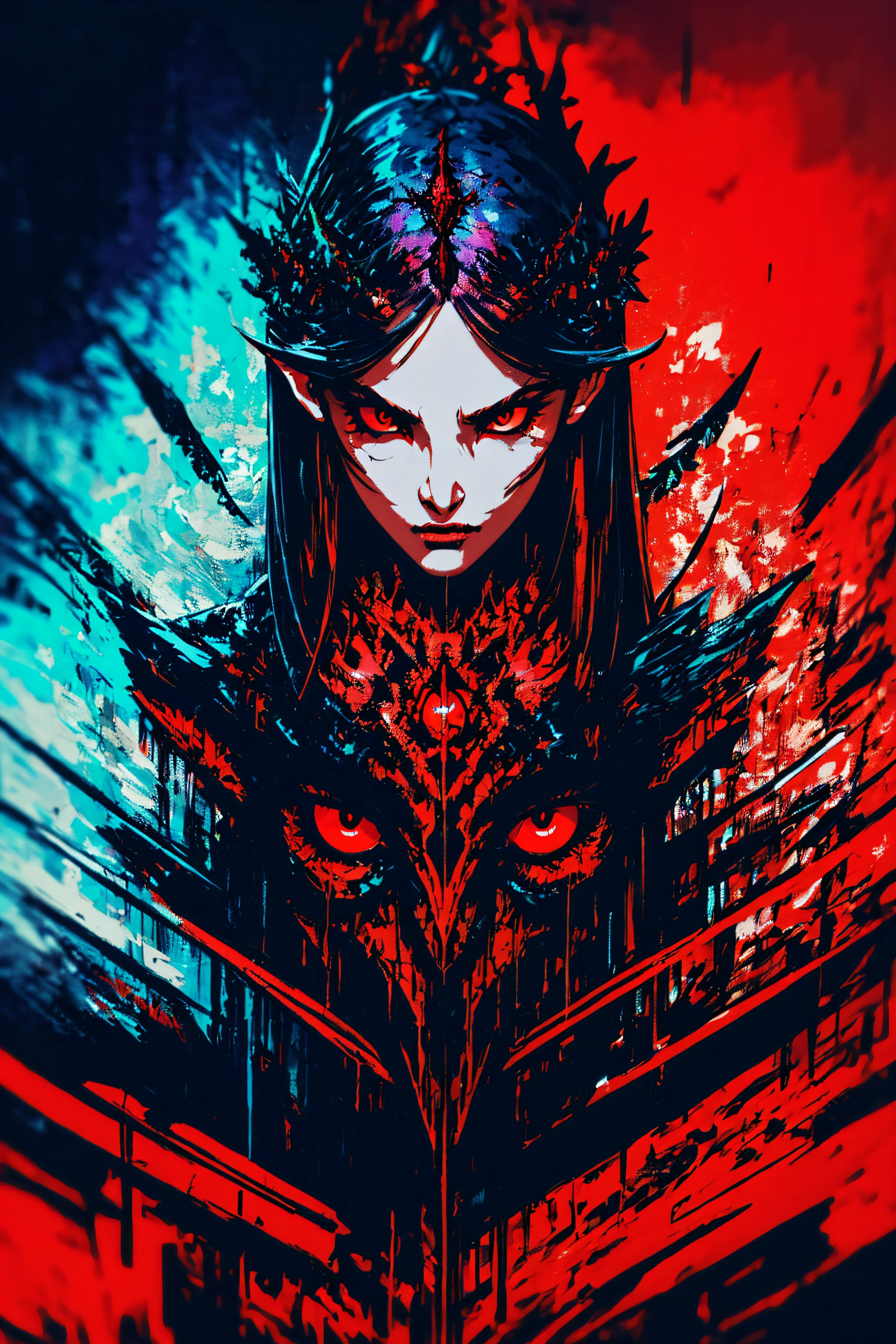 Ambilight, masterpiece, ultra-high quality,( ultra detailed original illustration), Perfil Portrait of a beautiful Girl, Upper body, Crown of Bones, ((Evil Fashion)), (Red Eyes:1.5, Double exposure, fussion of fluid abstract art, Glitch, 2D),(Gothic Oiginal illustration composition),( fusion of limited color, Fractal Geometric, butterflies, Comic art)