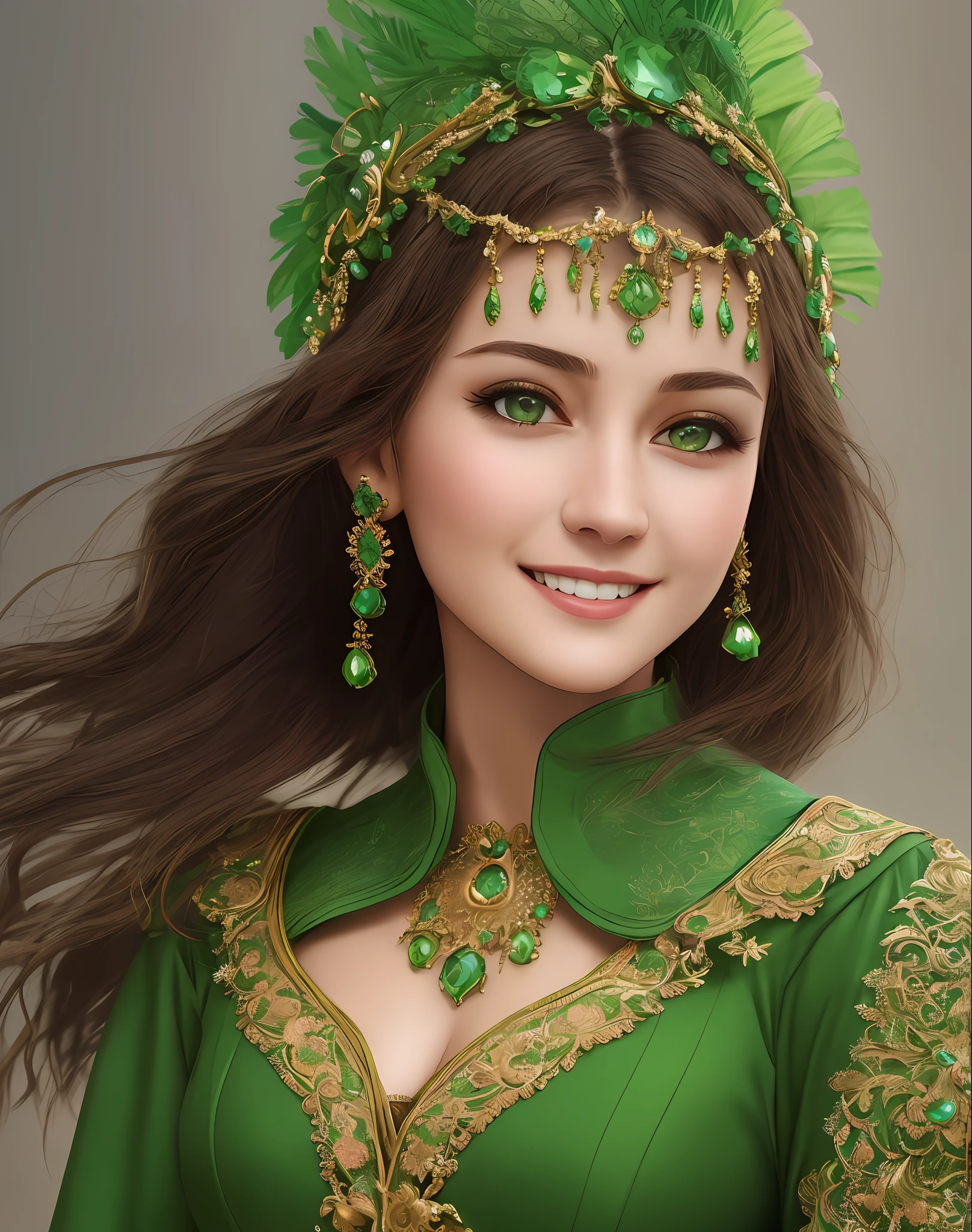 Masterpiece, absurdres, fine detail, HDR, highly detailed face and eyes, photorealistic,smiling, beautiful tkd_woman, a woman in a green dress and a green headdress , perfect tkd_face, perfect tkd_body, cowboy shot