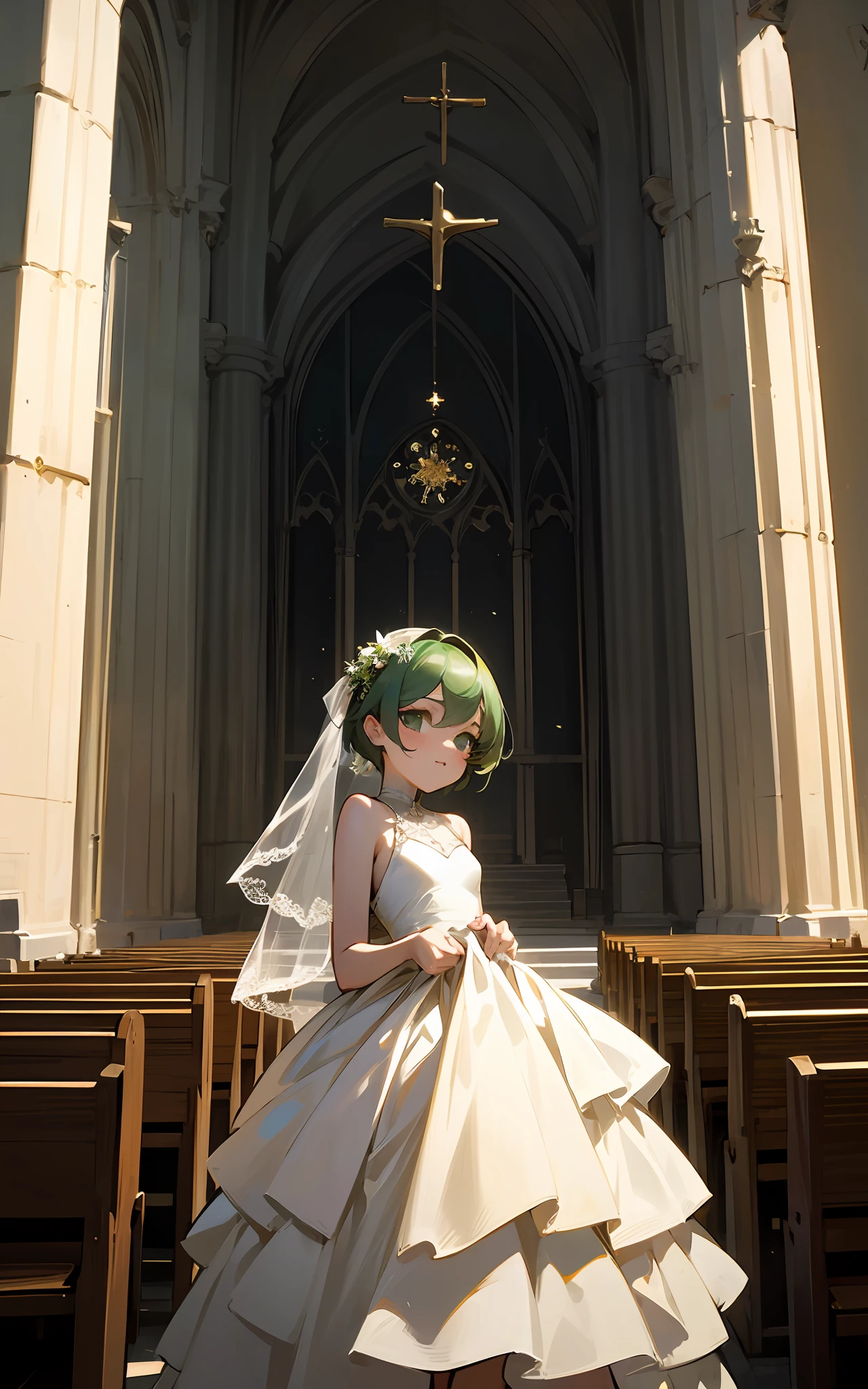 Beautiful girl in green shortcut、wearing a wedding dress、Small Church、Open place、