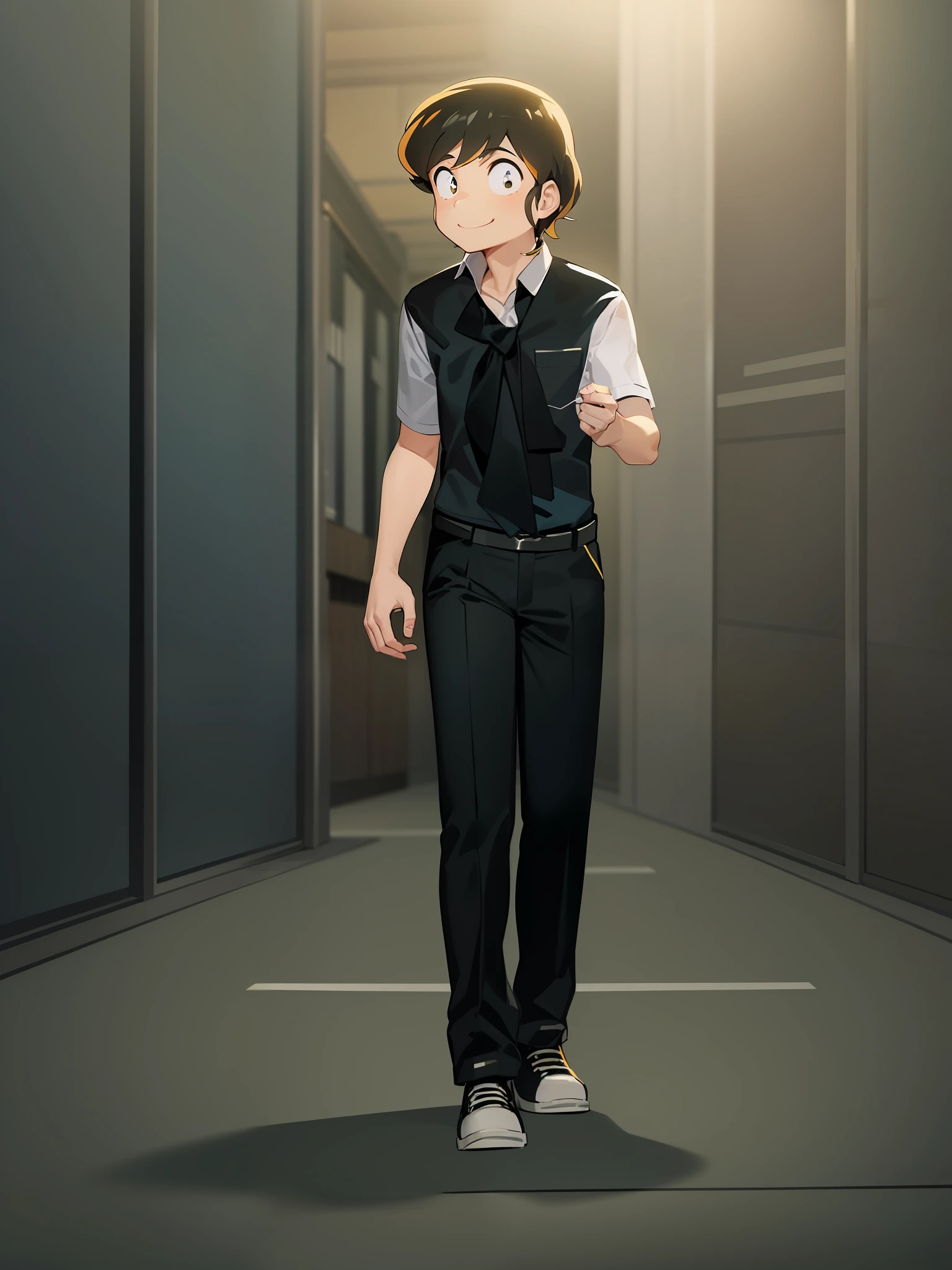 White short-sleeved shirt and black vest、Black pants、Young man walking in a good mood、urusei yatsura、brown haired、No horns、Neon Street at Night、A smile