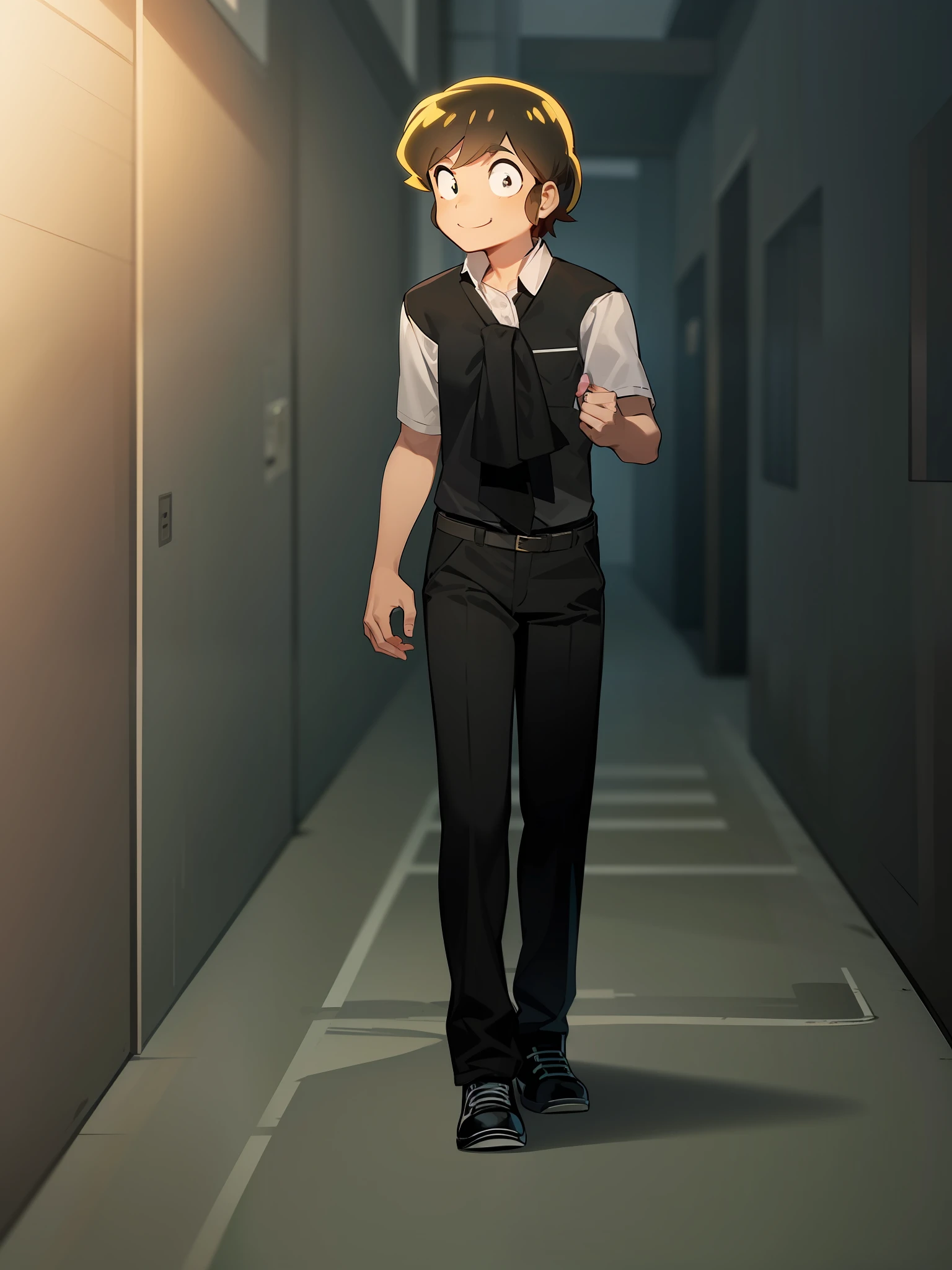 White short-sleeved shirt and black vest、Black pants、Young man walking in a good mood、urusei yatsura、brown haired、No horns、Neon Street at Night、A smile