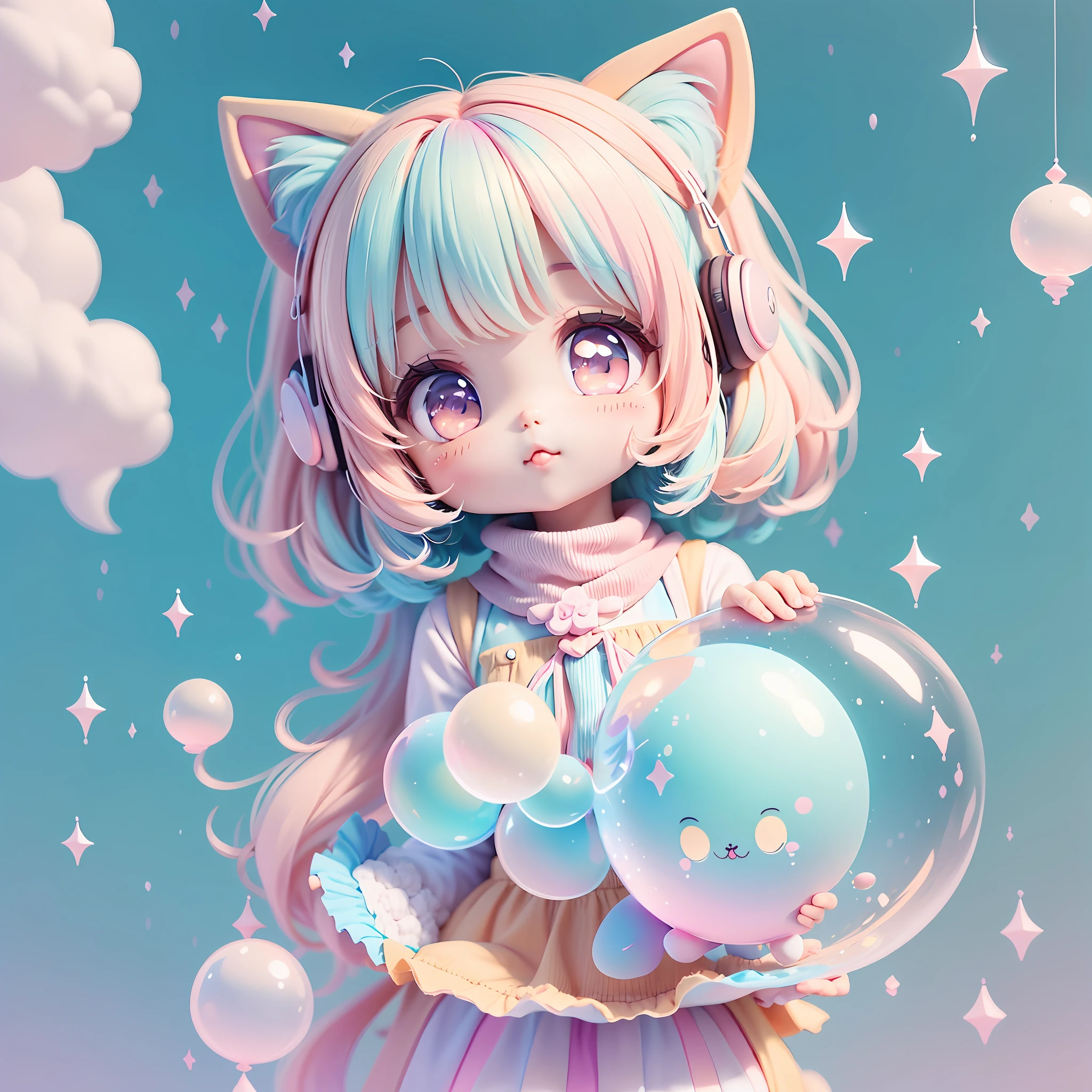 chibi looking up, leaning, bubbles around, kawaiitech, kawaii, cute, pastel colors, best quality, happy, long sleeves