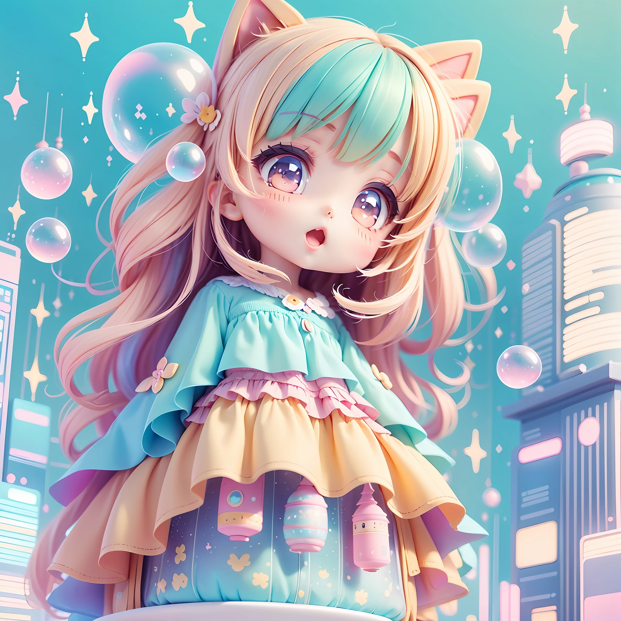 chibi looking up, leaning, bubbles around, kawaiitech, kawaii, cute, pastel colors, best quality, happy, long sleeves