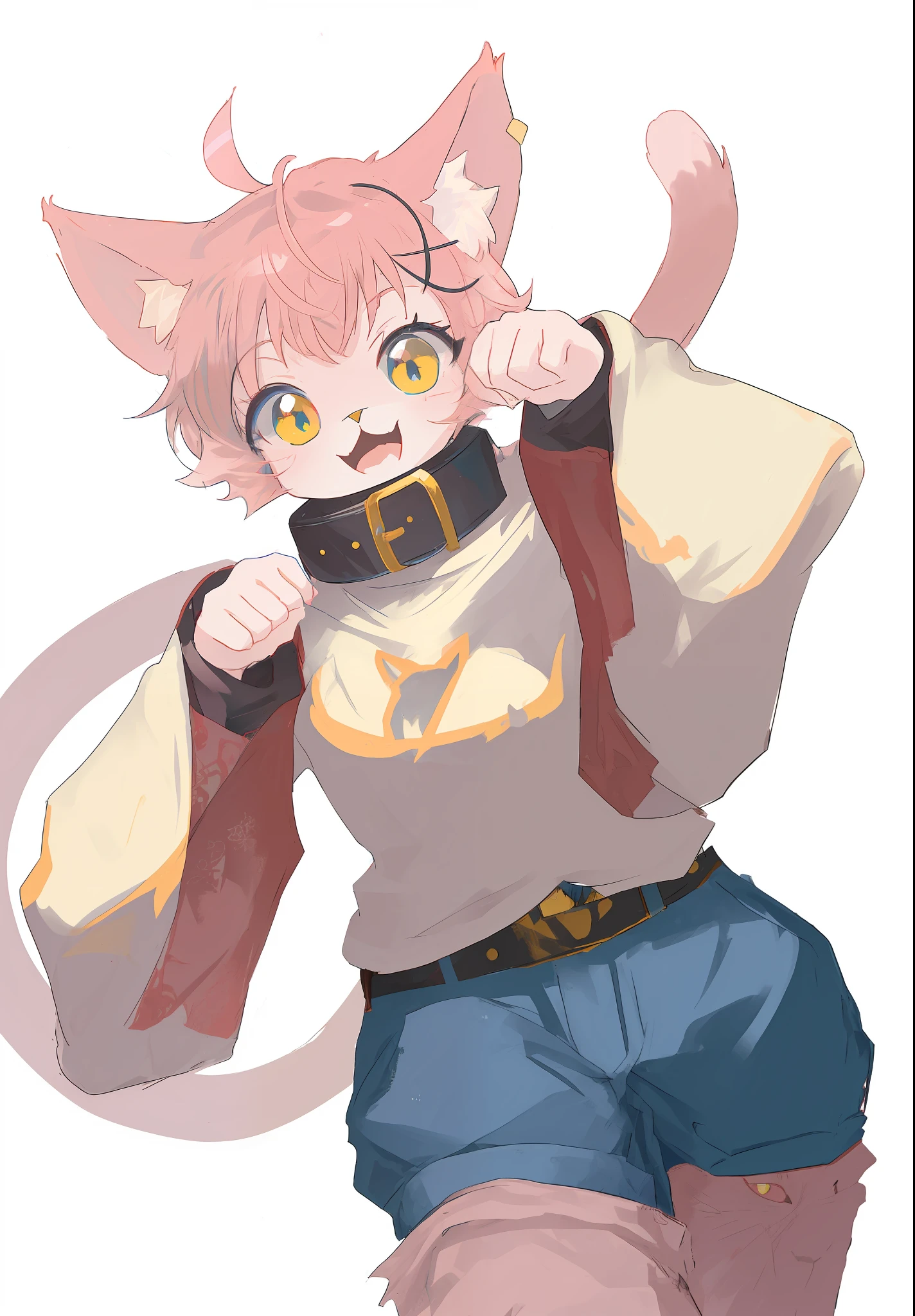 Anime characters wearing cat heads and belts, anime catgirl, cute anime catgirl, fursona wearing stylish clothes, neferpitou, cat woman, Sora as a cat, anthro cat, anime cat, an anthro cat, high quality colorful sketch, anime style character, low res, full body portrait of a short!, wearing collar