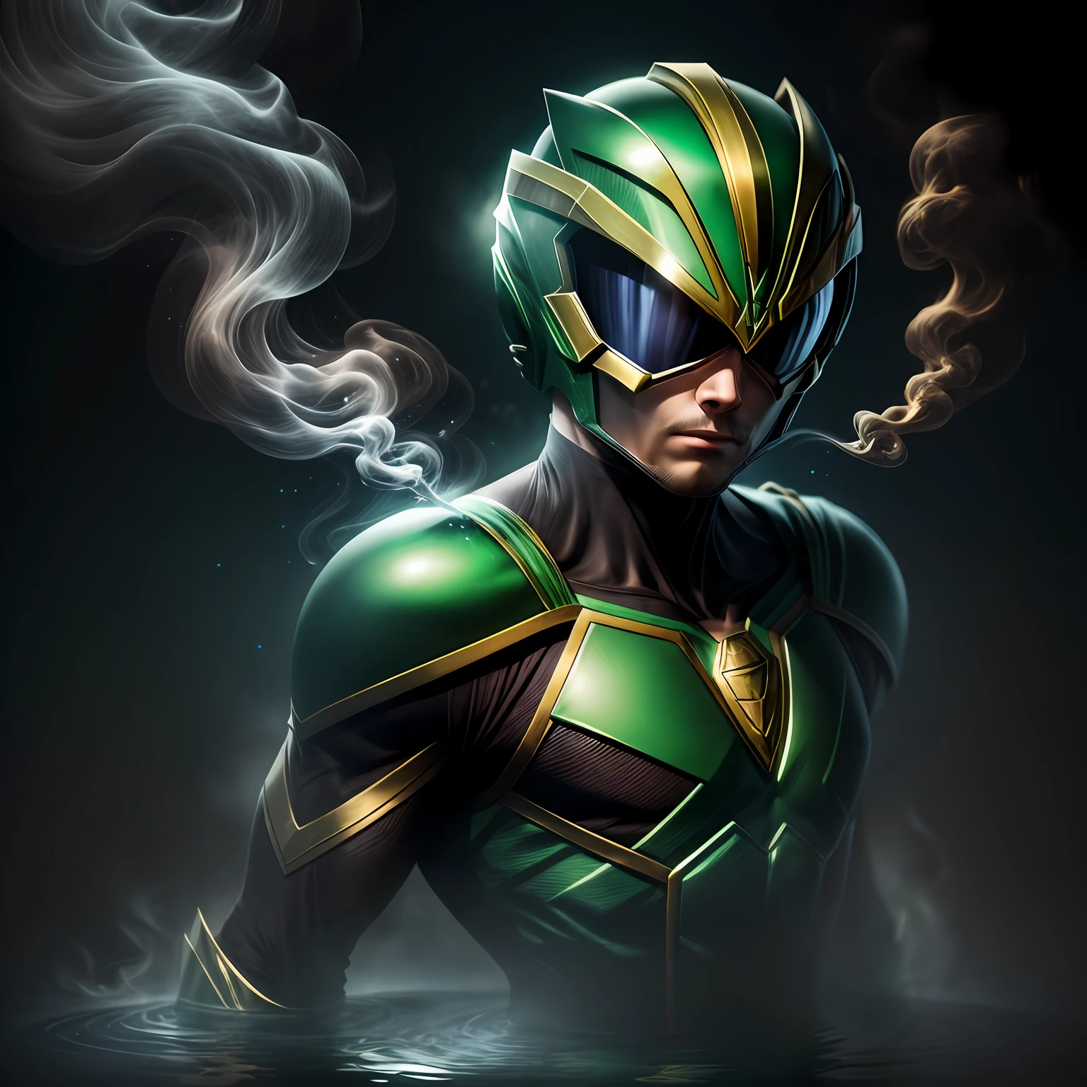 close up, Green Ranger from Power Rangers, Ghost, Dark, gotik, 3d, Ultra Detailed, blue transparent smoke around, realistic style, Old Night Pond, full - body,