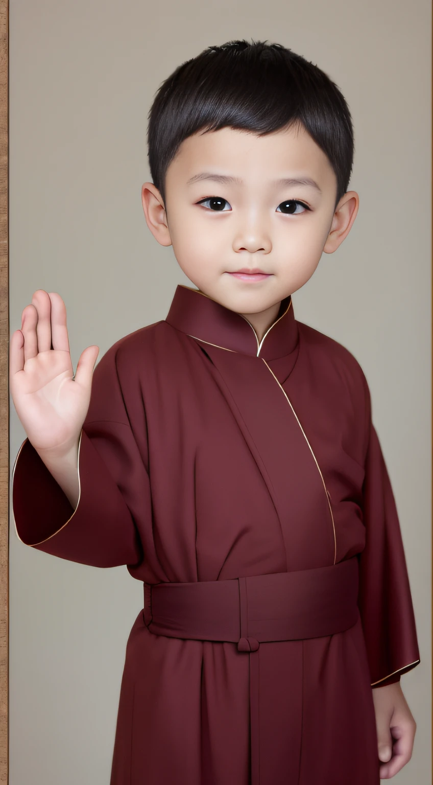 Put hands together andpray，5--old  in monk's robe costume，Chinese face，little monks，No hair，Childlike and charismatic，Humble charm，Serene face。Cute and dreamy，A pleasant sense of harmony，video montages，Dark brown style