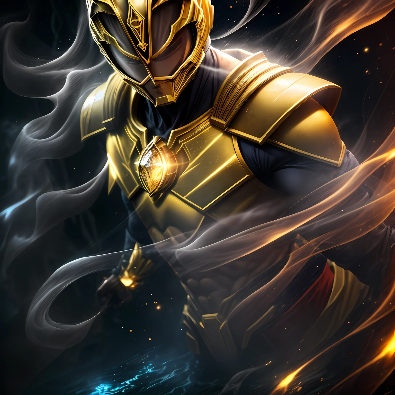 close up, Gold Ranger from Power Rangers, Ghost, Dark, gotik, 3d, Ultra Detailed, blue transparent smoke around, realistic style, Old Night Pond, full - body,