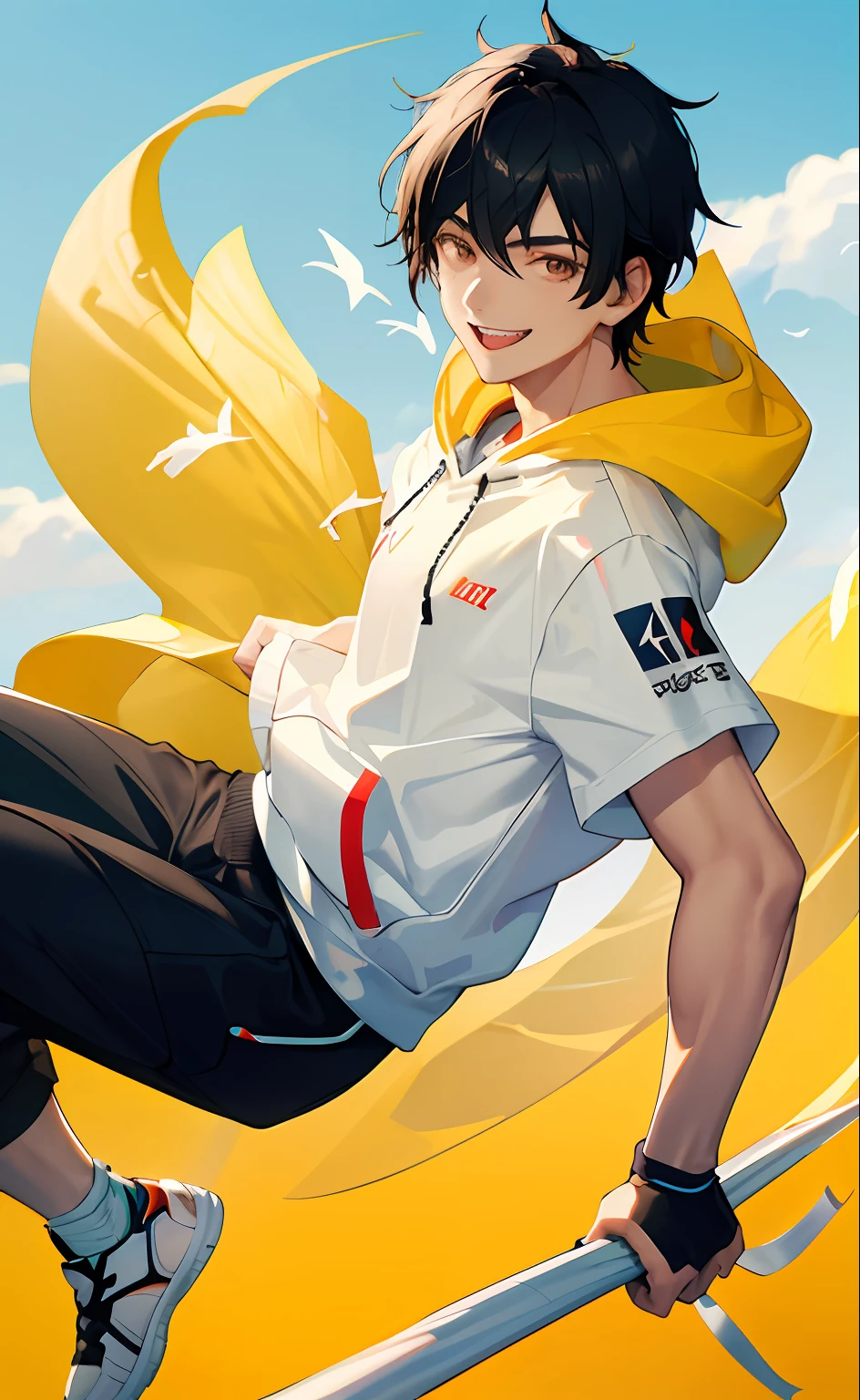 Masterpiece, Best quality, 1boy short black hair, Hot-blooded ager,hoody,Toothy smile,rays of sunshine,Handsome,badminton,large tall