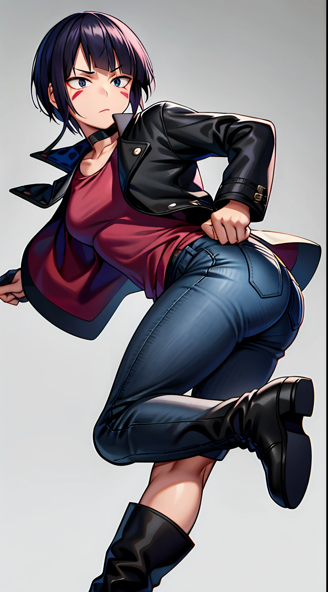 Kyoka jiro, 1 girl, solo, high res, bent over, facing away from viewer, looking back at, short hair, bangs, simple background, black hair, shirt, gloves, long sleeves, jacket, boots, open clothes, choker, pants, blunt bangs, fingerless gloves, open jacket, black jacket, black choker, facial mark, black pants, pink shirt, tight pants