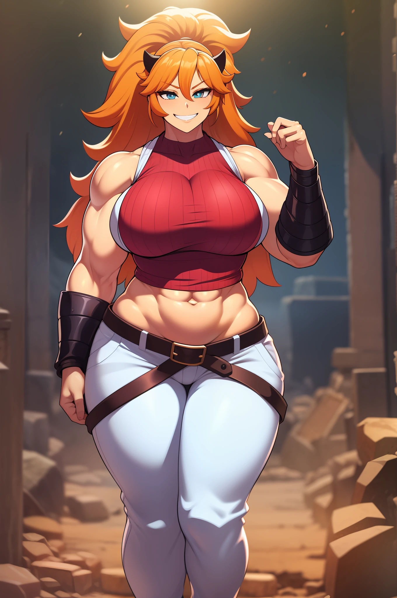 Processus, cheveux orange, grosse poitrine, cheveux longs, cheveux vivants, , seul,, Muscular girl, Grande femelle, sourire, full body, pants, vest, berserker, warrior, revealing cloths, amazone