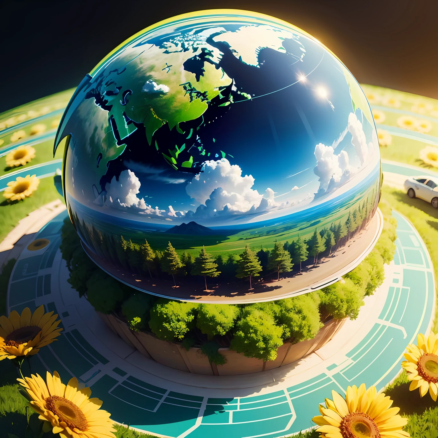 Earth Day poster, flat illustration, super cute car in green spherical earth, trees, flowers, landscape, blue, green, yellow, simple background, center composition, bright colors, chiaroscuro, super high detail, 4k, flat illustration