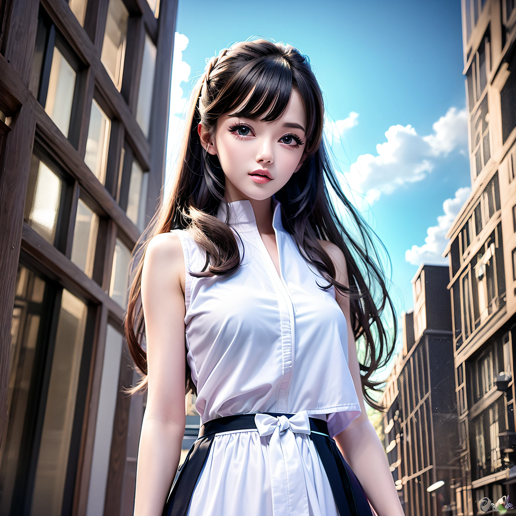 1.6 meters tall, female student, thin body, with a flat big nose, campus style, sunny daytime, school scene in the background, with a sense of freshness, slightly sideways, calm and beautiful, firm eyes, natural flowing hair --auto --s2