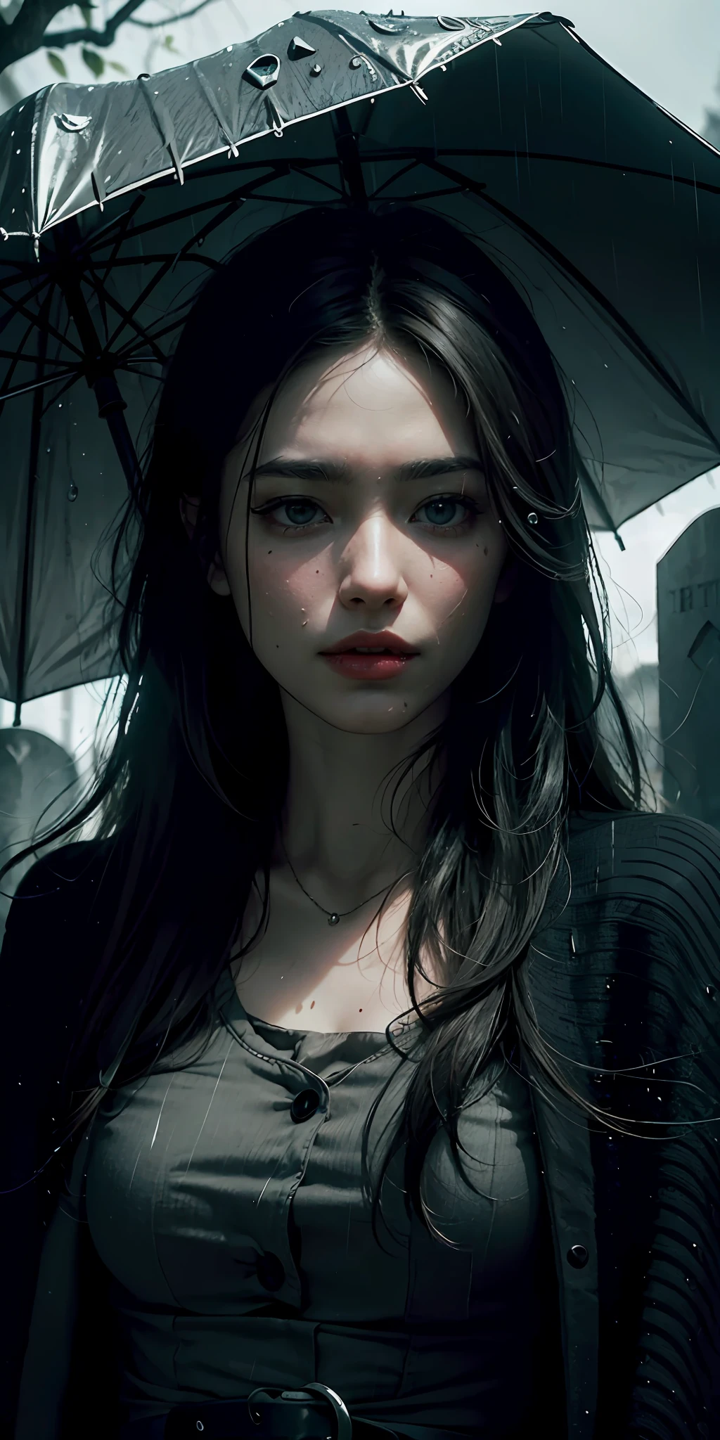 photorealistic, best quality, masterpiece, rainy graveyard, spirit dark theme