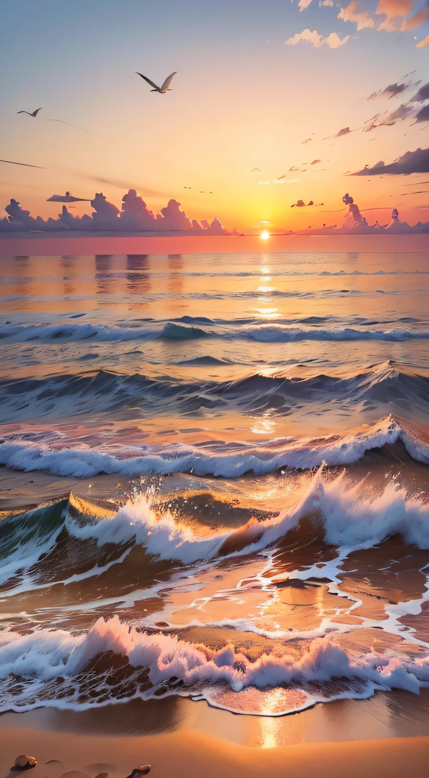 Absolutely mesmerizing sunset on the beach with a mix of oranges, pinks and yellows in the sky. The water is crystal clear, gently kissing the shore, and the white sand is endless. The scenes are action-packed and breathtaking, with seagulls soaring high in the sky and palm trees swaying gently. Immerse yourself in the calm atmosphere and let the serenity surround you.