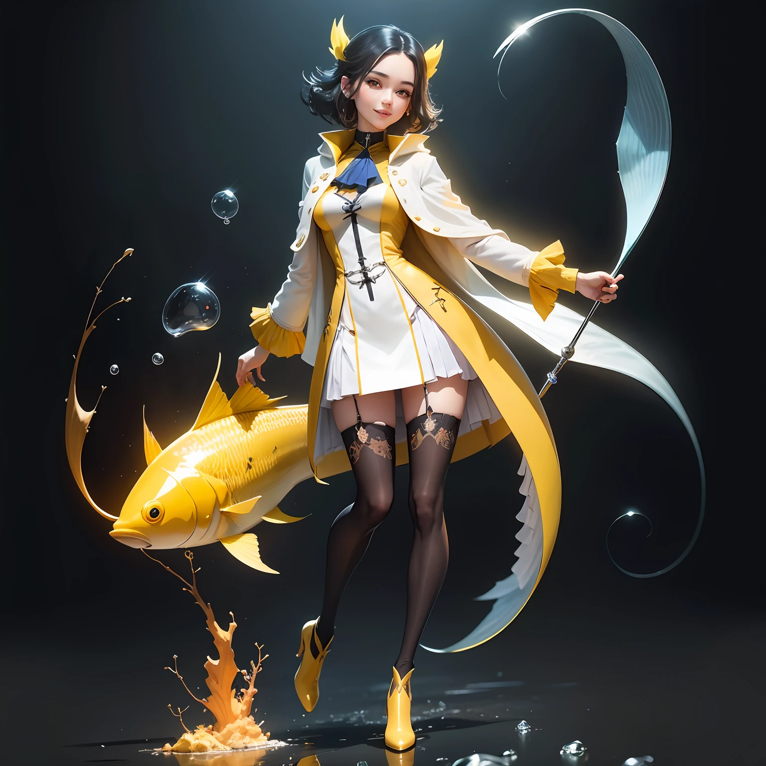 (tmasterpiece,Best quality at best)Remove the fish,The clothes were changed to a transparent coat,Colorful stockings,yellow eyes,Calm smile,Clean solid color background,Delicate sheen,C4D cartoon,8K