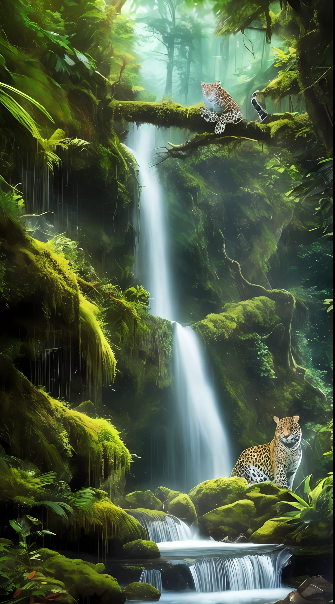 photo realism, epic atmosphere, Magic waterfall in the forest, higly detailed, Jaguar on the water, Magic style, 16k