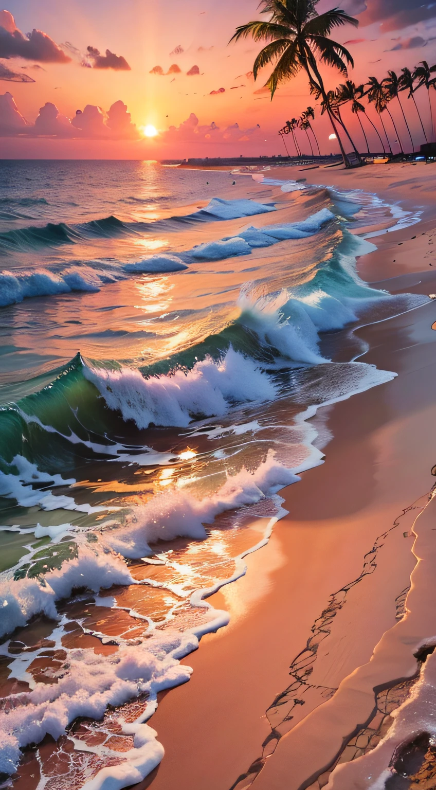 Absolutely mesmerizing sunset on the beach with a mix of oranges, pinks and yellows in the sky. The water is crystal clear, gently kissing the shore, and the white sand is endless. The scenes are action-packed and breathtaking, with seagulls soaring high in the sky and palm trees swaying gently. Immerse yourself in the calm atmosphere and let the serenity surround you.