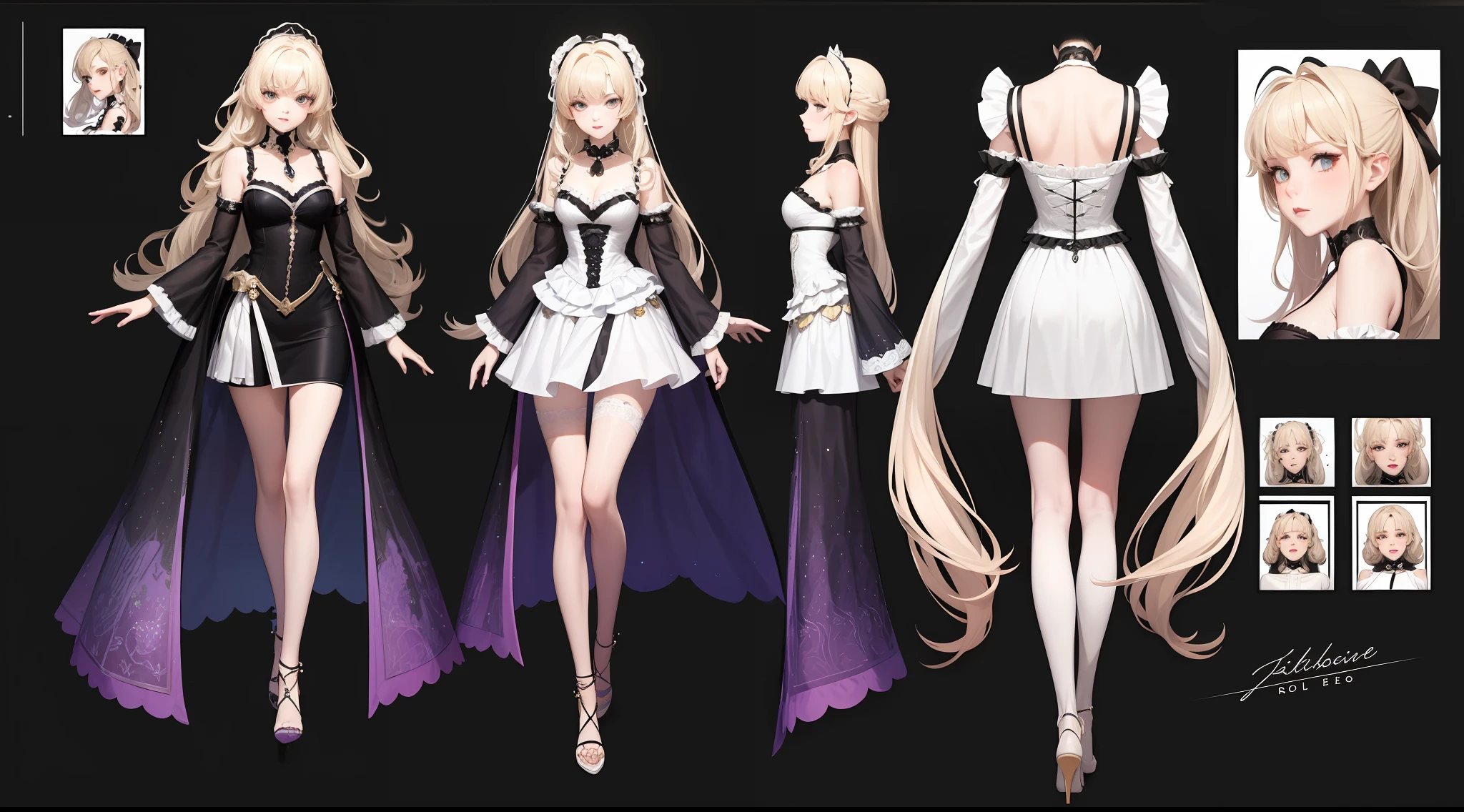 Three-view of roles，character  design，Character design，Three View，full bodyesbian，frontage，Lateral face，on  back，Set，Lolita prostitute，Very gorgeous，Maximalism，extreme hight detail，RococoStyle，Super long hair，Complex accessories，Complex hairstyles，Jewelled
