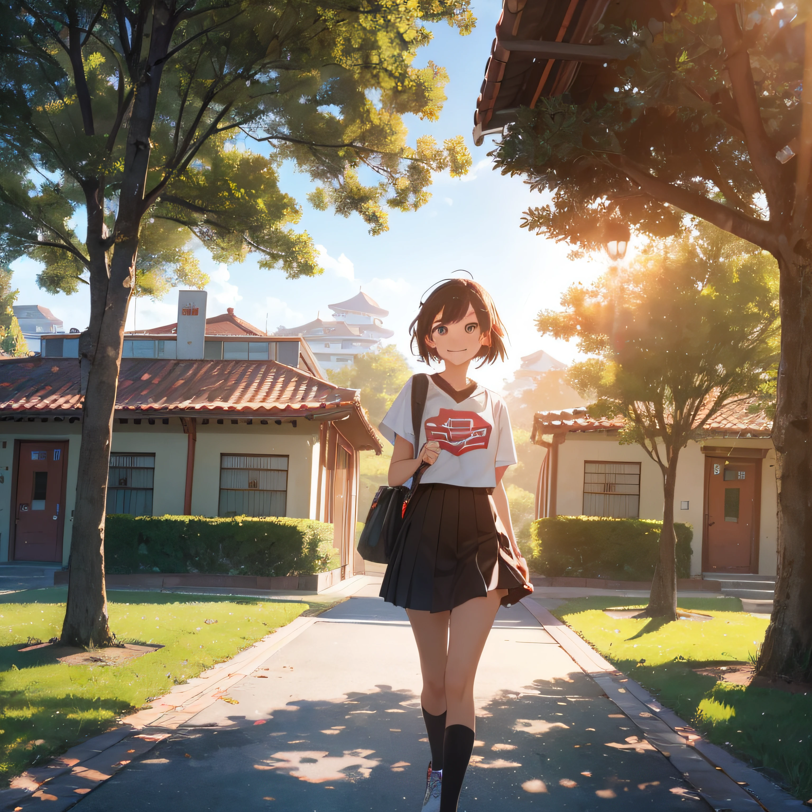 "Campus screen，teens girl，Campus scenery at sunset，Smiling faces，White walls and red tile buildings，Green grass，The shadows of the trees are shining，youthfulenergy，Scenes of campus life。" --auto