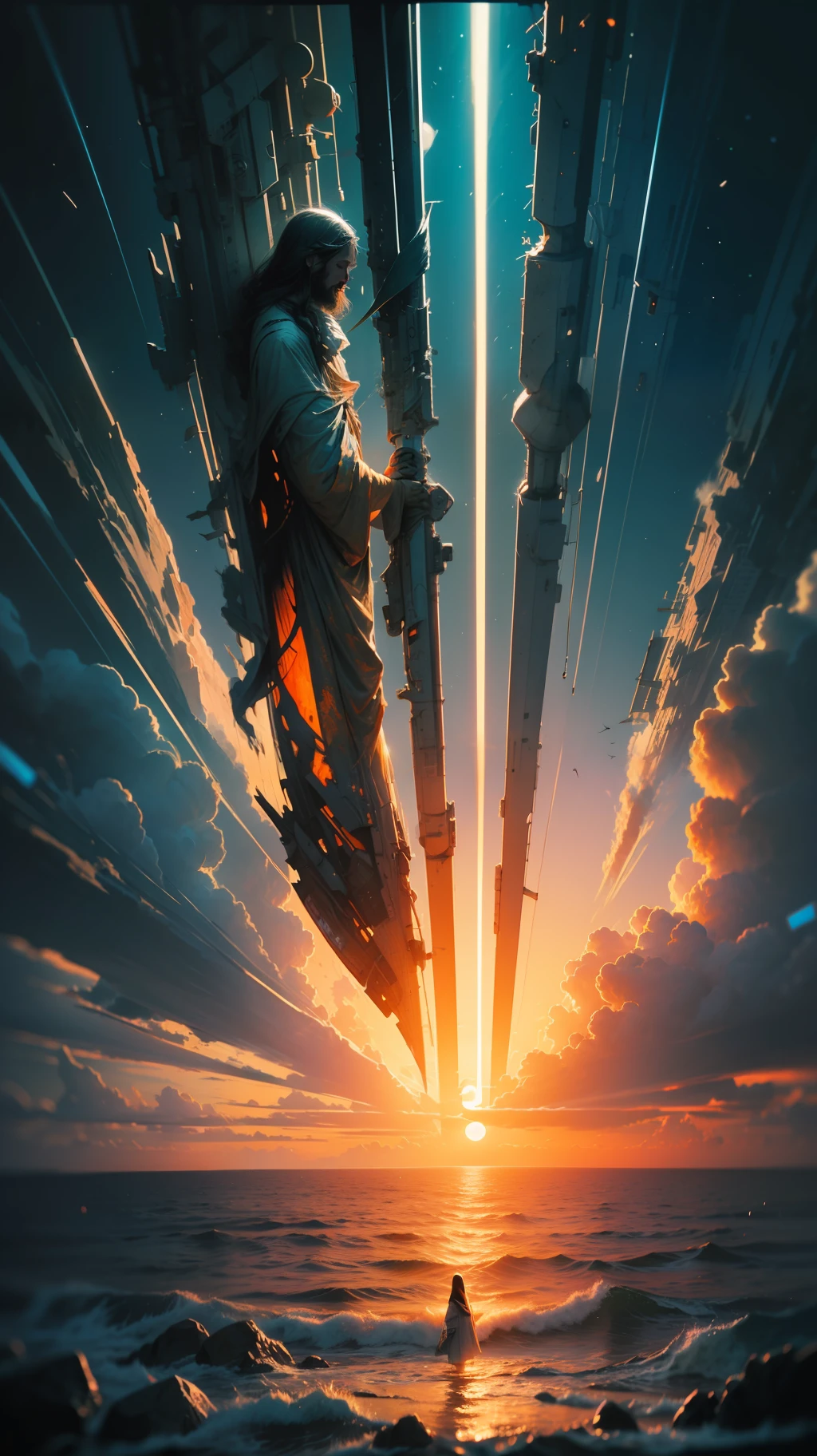 illustration, 8k wallpaper, vivid colors, Jesus Christ in his radiance, divinity, sunset afternoon, hd, blur motion lens, art by Rutkowisk, rim light, cinematic shading