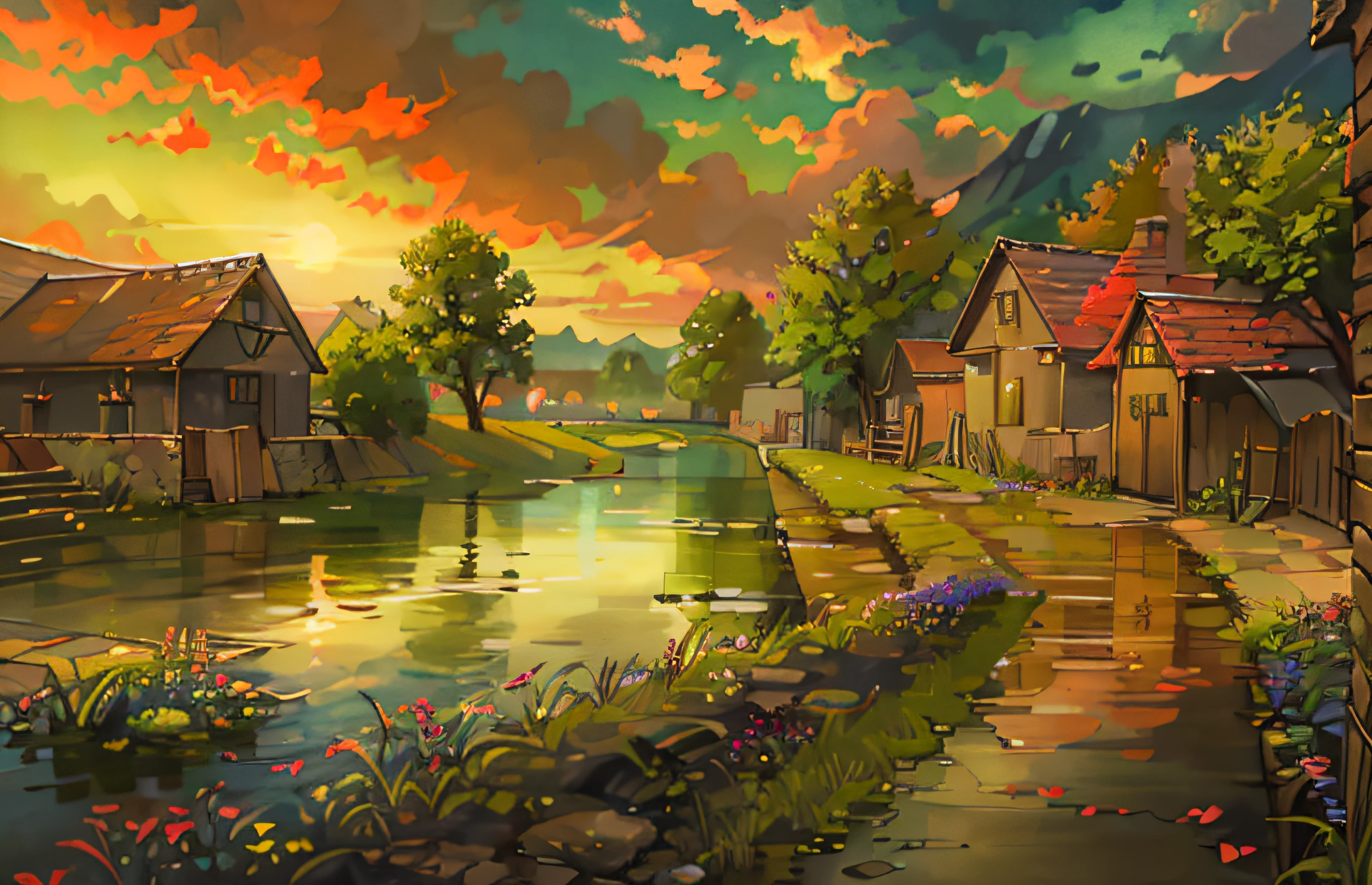Huge sky, beautiful horizon, large meadows, extremely intense and dramatic picture, moving visual effects, high hanging Polaris, colorful natural lighting. (View from alley:1.5), street view, rural village stands on a river, water mill, medieval architecture, flood meadows, oil painted sunset. (Highest quality, amazing detail:1.25), bright colorful paintings