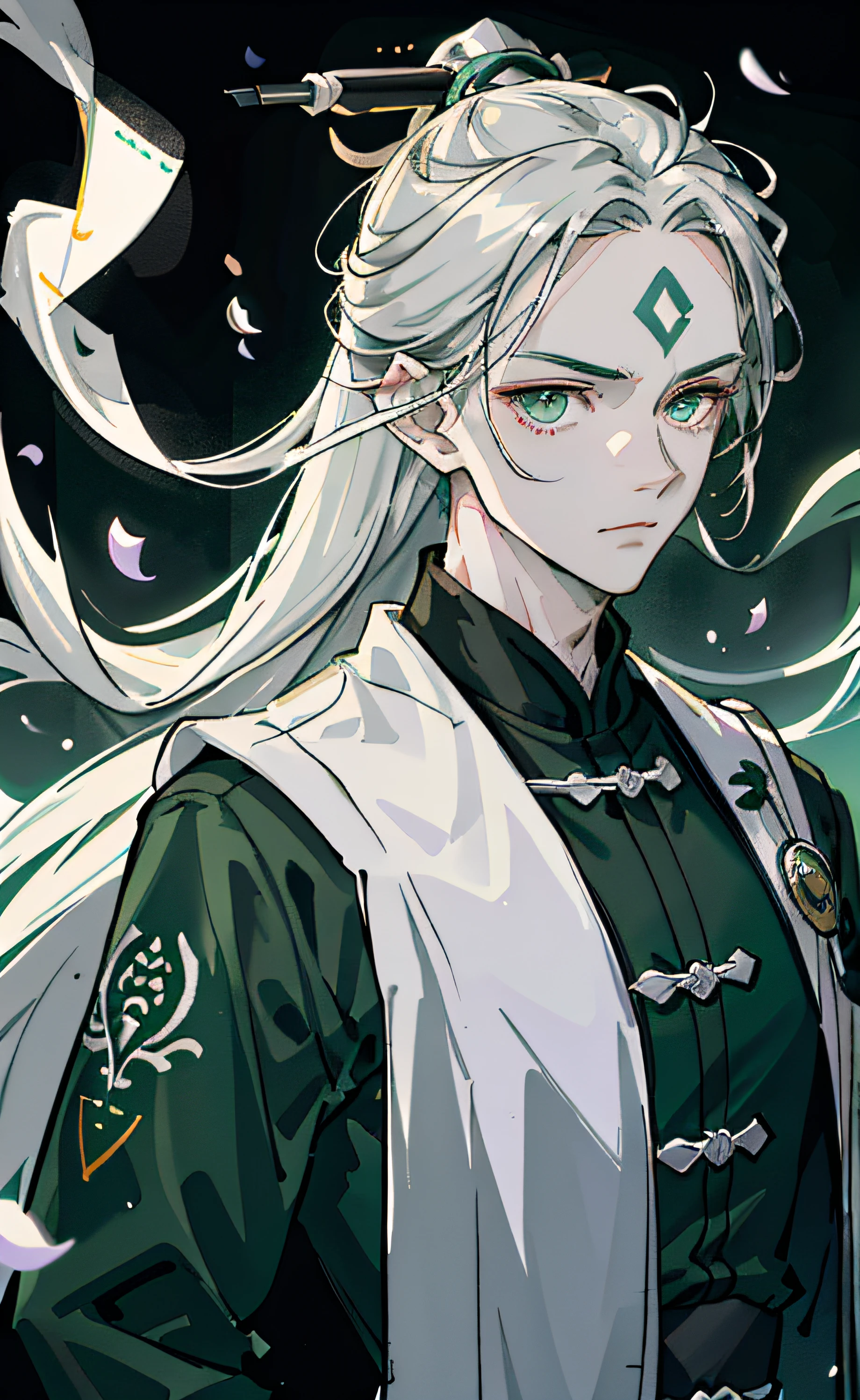 Adult male, strong, green eyes, long silver hair, floating hair, forehead wipe, resolute eyes, complex white Taoist Taoist uniform, gorgeous accessories, magic smoke around him, fov, f/1.8, masterpiece, ancient Chinese architecture, night, flower petals flying, front portrait shot, side lighting, moonlight shining on people, 8K