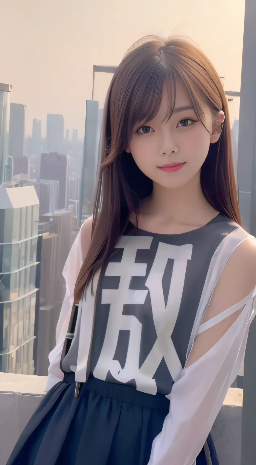 Best quality,Masterpiece,Photorealistic,超A high resolution,A high resolution,illustration. Mediums,Delicate,8K wallpaper,offcial art,(Realistic:1.2),(Solo:1.1),(1girll:1.2),(校服:1.1),Cute,(Upper body:1.2),Contrast,illumination,view over city,(Whole body:1.3),