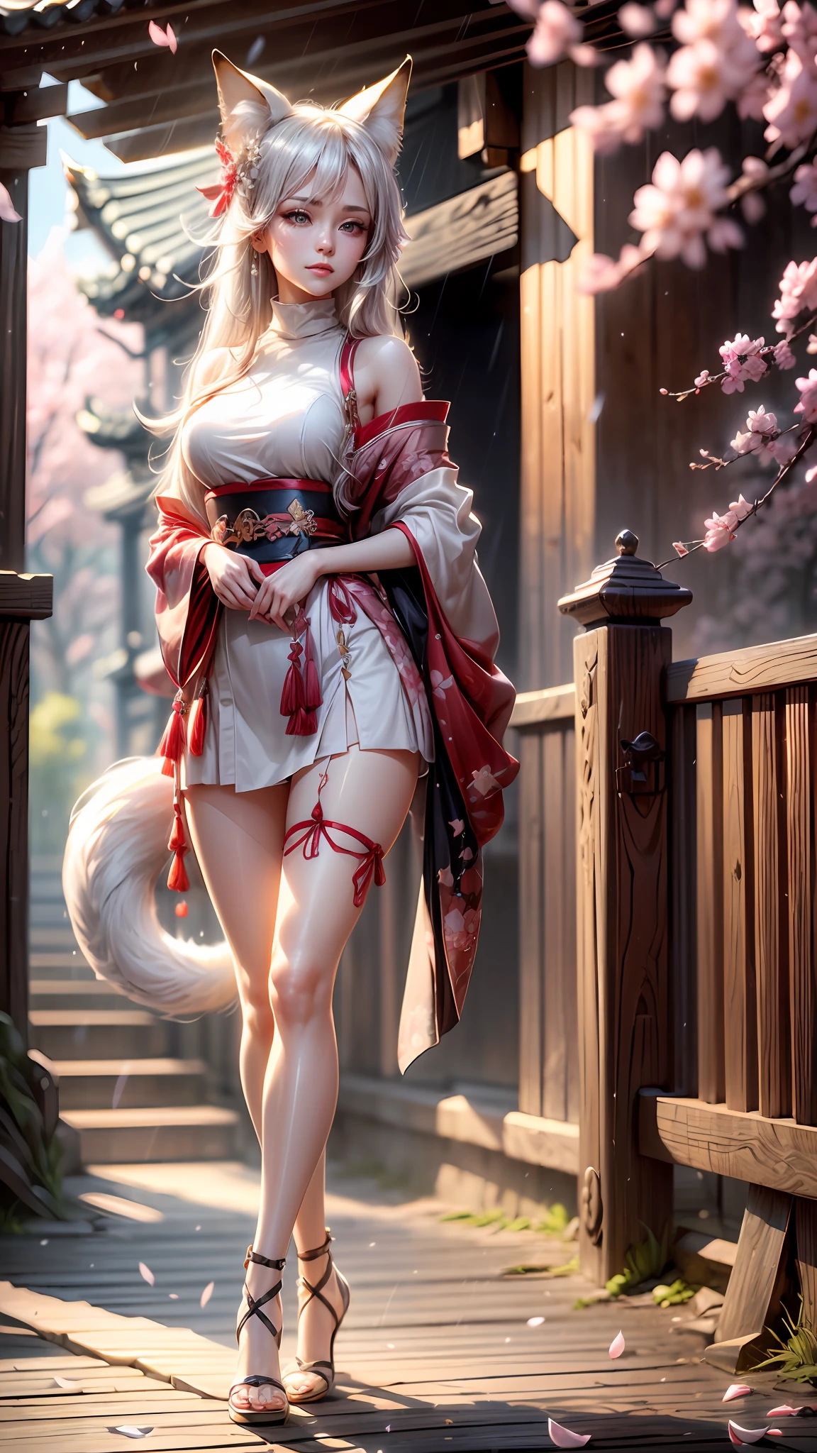 Best quality, hyper-high detail, very high res, hight contrast,brightcolors,Extremely detailed CG, 真实感,absurd res,fox ear,Huge colorful fox tail, 8K,Colorful, A 20-year-old nine-tailed fox girl,East Asian girl,Place your hands on your waist,Perfect body shape,Mannequin,(long leges:1.6),ssmile,Light turtleneck shirt,Detailed clothing patterns,tiese,(full body:1.3),Solo, in a panoramic view,high-heels,(Black eyes), (Gray hair to the shoulders), Extremely long white diamond hair floating, yellow ribbon, Beautiful eyes,(usa ropa blanca:1.3),Wet clothes, white skirt, white dresses,detailed and beatiful face and eyes, ((Shiny skin)), Shiny hair, (detailed and beautiful shiny clothes, Temple,holy rays,japan temple,the cherry trees,Cherry blossoms flying,Rained,(dynamicposes:1.3),low perspective,