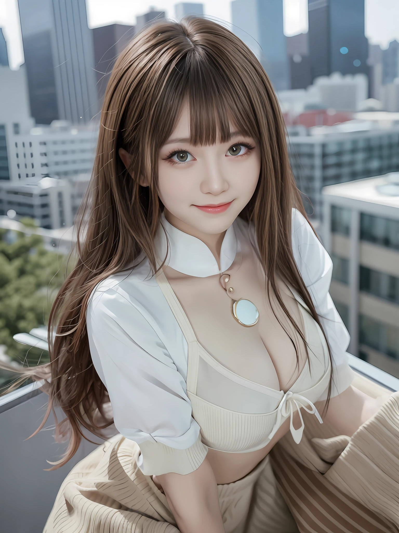 (8K original photos,top Quority,tmasterpiece,8k ultra high definition),(realisticlying,realisticlying:1.37),(anatomically accurate and realistic skin),超高分辨率,depth of fields,Film illumination,filmgrain,very cute girl,clew,Colored Contact Lenses,long eyelasher,eye bags,cute face,Highly detailed eyes and hair,skin with beautiful details,joyful smile,brown hair, Thick bangs,shinny hair,curly,Red eyes,城市,view over city,Bigchest,low chest,full bodyesbian,frontage