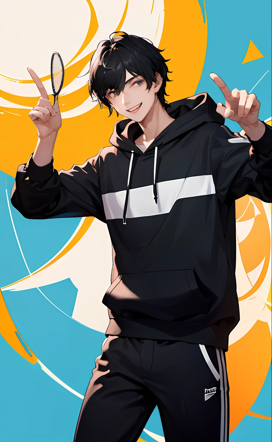 Masterpiece, Best quality, 1boy short black hair, Hot-blooded teenager，hoody，Toothy smile，rays of sunshine，Handsome，badminton，large tall