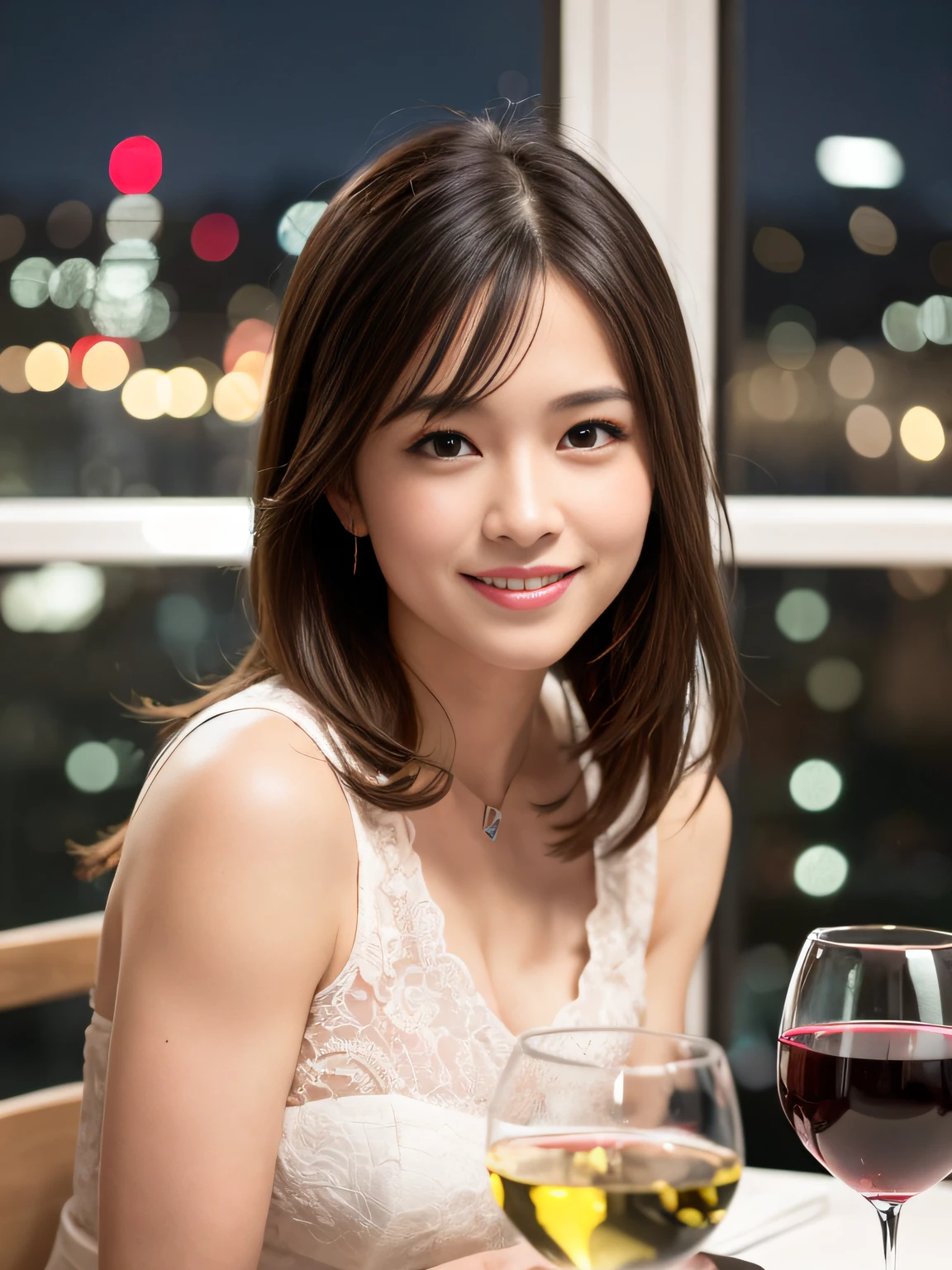 (64K, UHD, top quality, masterpiece: 1.2), (realistic, photorealistic: 1.37), super detailed, pretty woman 1 person, (slim face), (slim body), (brown hair), (short cut), cheeks slightly blushing, (44 years old), 38 years old, solo, beautiful detailed urban night view outside the window, restaurant, wine glasses sit, at night, in a prominent placeNovaFrogStyle, Actress, Model, Waist Up, White Wine, Slim, Wine Glass, Super Clean Night View, Wine Glass Put in the Middle, Happy Smile, (Smile: 1.15), Beautiful Fine Eyes, Upper Body, Bust Japan Up, Night, Short, Short, Actress, Model, Waist Up, White Wine, Slim, Wine Glass, Super Clean Night View, Wine Glass Put in the Middle, Happy Smile,
