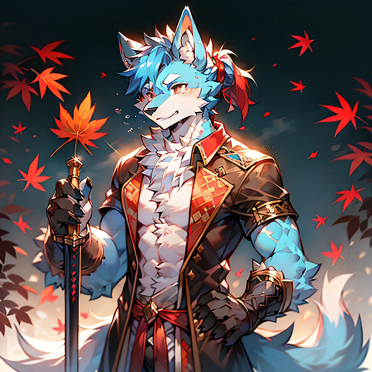 solo person，Twine binding，werecreature，Male white wolf，Blue fur，Blue tail，White ears，Blood-red eyes，Hanfu，musculature，male people，Handsome，（The furry feeling of animal ears），Maple leaves fall，autumnal，High ponytail，Ancient wind，Bangs in the middle，Holding a long sword in his right hand，Holding a maple leaf in his left hand