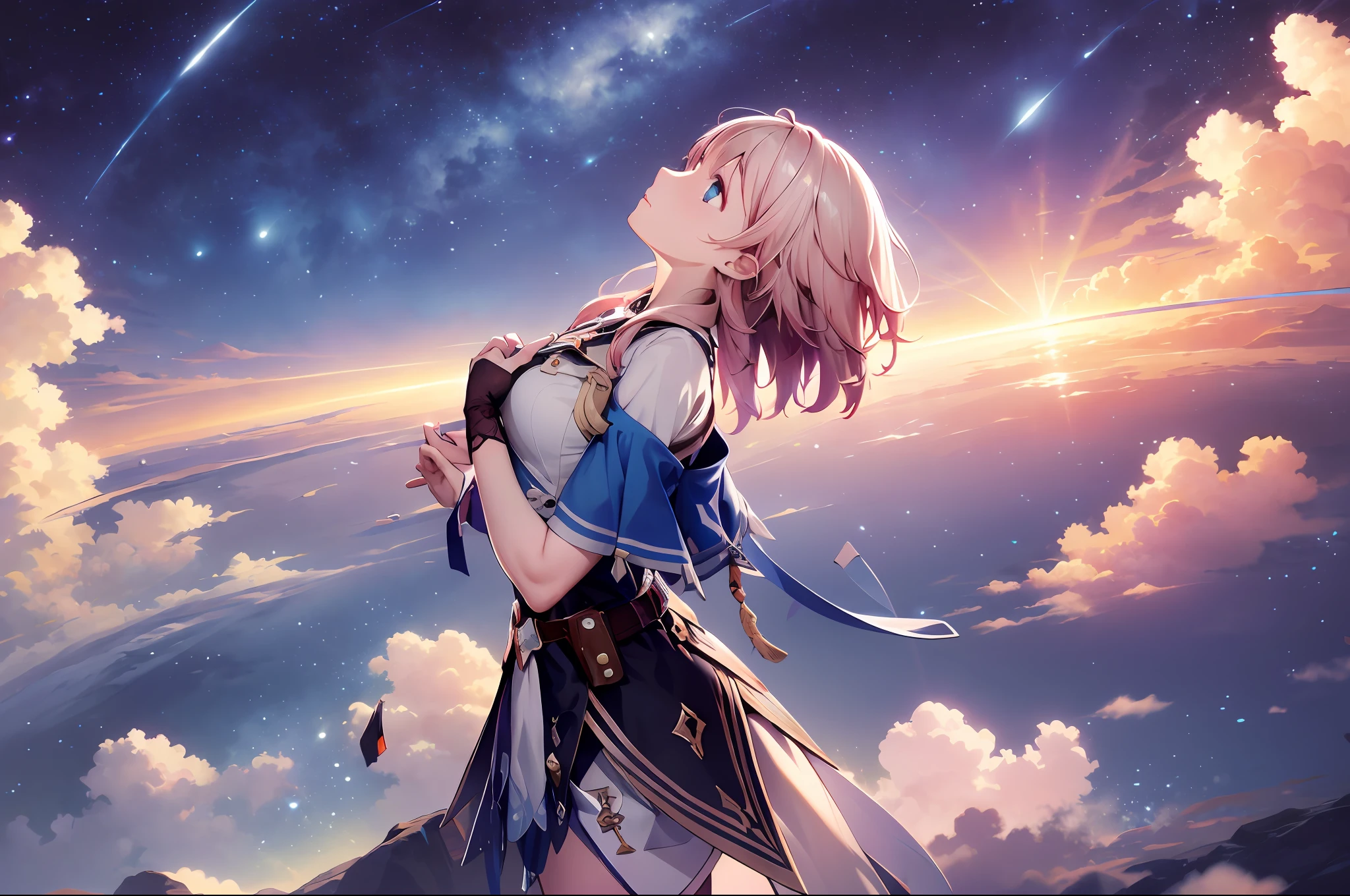 absurdres, highres, (official art, beautiful and aesthetic:1.2), close view,
shining sky, vast world, girl, gazing, awe-inspiring expression, distant horizon, clouds, high hill, natural beauty, inspiration, light effects,