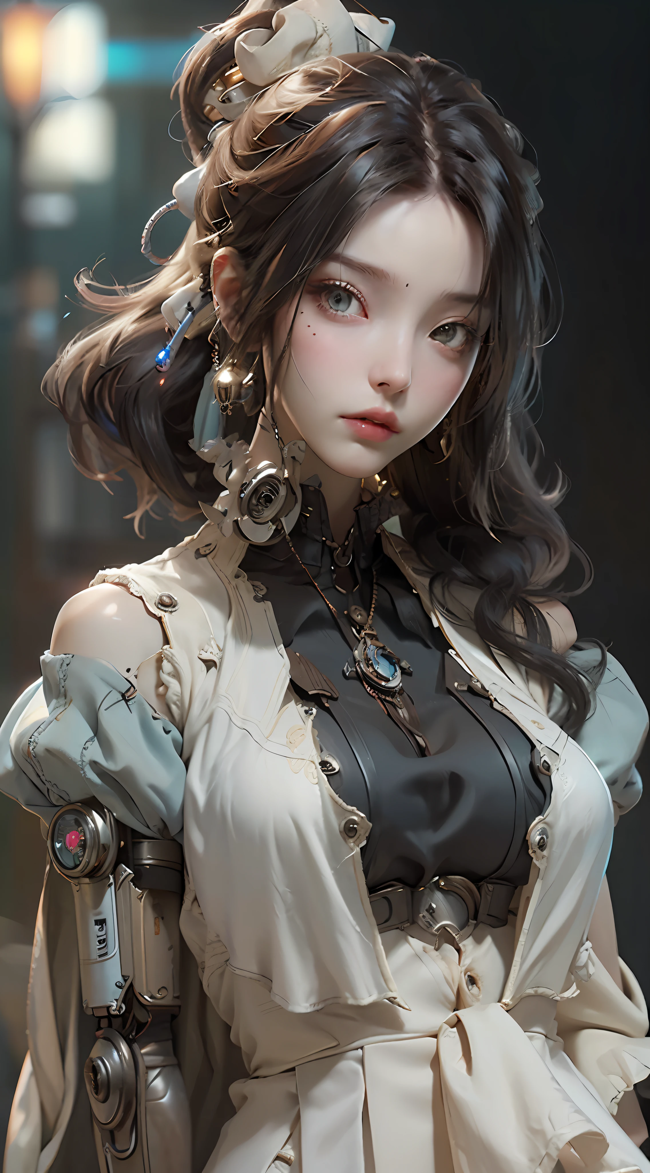 ((best qualtiy)), ((tmasterpiece)), (the detail:1.4), 3D, A beautiful cyberpunk female image,hdr(HighDynamicRange),Ray traching,NVIDIA RTX,Hyper-Resolution,Unreal 5,Subsurface scattering、PBR Texture、post-proces、Anisotropy Filtering、depth of fields、maximum definition and sharpness、Many-Layer Textures、Albedo e mapas Speculares、Surface coloring、Accurate simulation of light-material interactions、perfectly proportions、rendering by octane、Two-colored light、largeaperture、Low ISO、White balance、the rule of thirds、8K raw data、Close-up of a woman in a steampunk costume,steampunk beautiful anime woman,a steampunk beautiful goddess,steampunk girl,estilo de fantasia steampunk,steampunk inventor girl,Sci-fi steampunk,Steampunk cyberpunk,like lady mechanika,steampunk aesthetic,digital steampunk art,(steampunc)(steampunc),portrait of a mechanical girl,steampunk wind, beautiful girl cyborg, Steam trains,Clothes are tattered,gear wheel,steampunk background,depth of fields