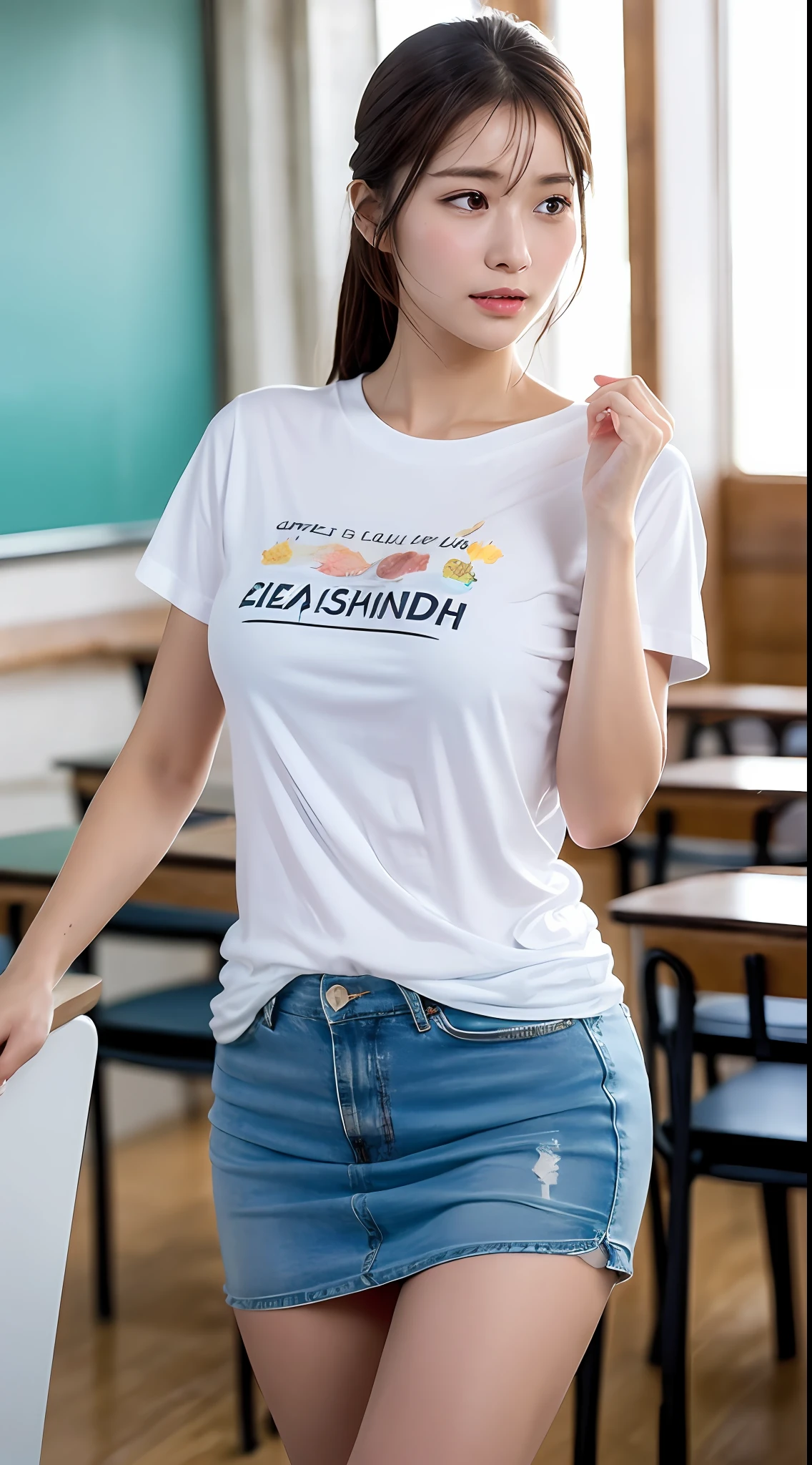 ((midynight, Need, 8k, tmasterpiece:1.3)), full bodyesbian, Long legs, Focalors:1.2, perfect figure beautiful woman:1.4, Slim abs:1.1, ((Dark brown hair, huge tit:1.2 )), (white tight t-shirt, Short skirts for students, standing on your feet:1.2), Highly detailed facial and skin texture, A detailed eye, 二重まぶた,Blue sea,sandbeach,rays of sunshine,Sweet and cute