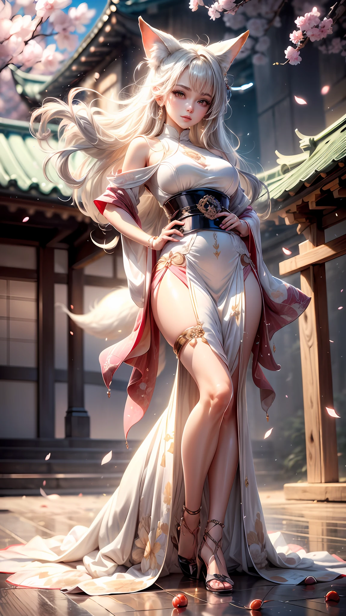 Best quality, hyper-high detail, very high res, hight contrast，brightcolors，Extremely detailed CG, 真实感，absurd res，fox ear，Huge colorful fox tail， 8K,Colorful, A 20-year-old nine-tailed fox girl,East Asian girl，Place your hands on your waist，Perfect body shape,(long leges:1.6)，ssmile，Light turtleneck shirt，Detailed clothing patterns，tiese，(full body:1.3),Solo, in a panoramic view，Mannequin，kneels on the ground，high-heels，(Black eyes), (Gray hair to the shoulders), Extremely long white diamond hair floating, yellow ribbon, Beautiful eyes,(usa ropa blanca:1.3),Wet clothes, white  skirt, white dresses，detailed and beatiful face and eyes, ((Shiny skin)), Shiny hair, (detailed and beautiful shiny clothes, Temple，holy rays，japan temple，the cherry trees，Cherry blossoms flying，Rained，(dynamicposes:1.3)，low perspective，