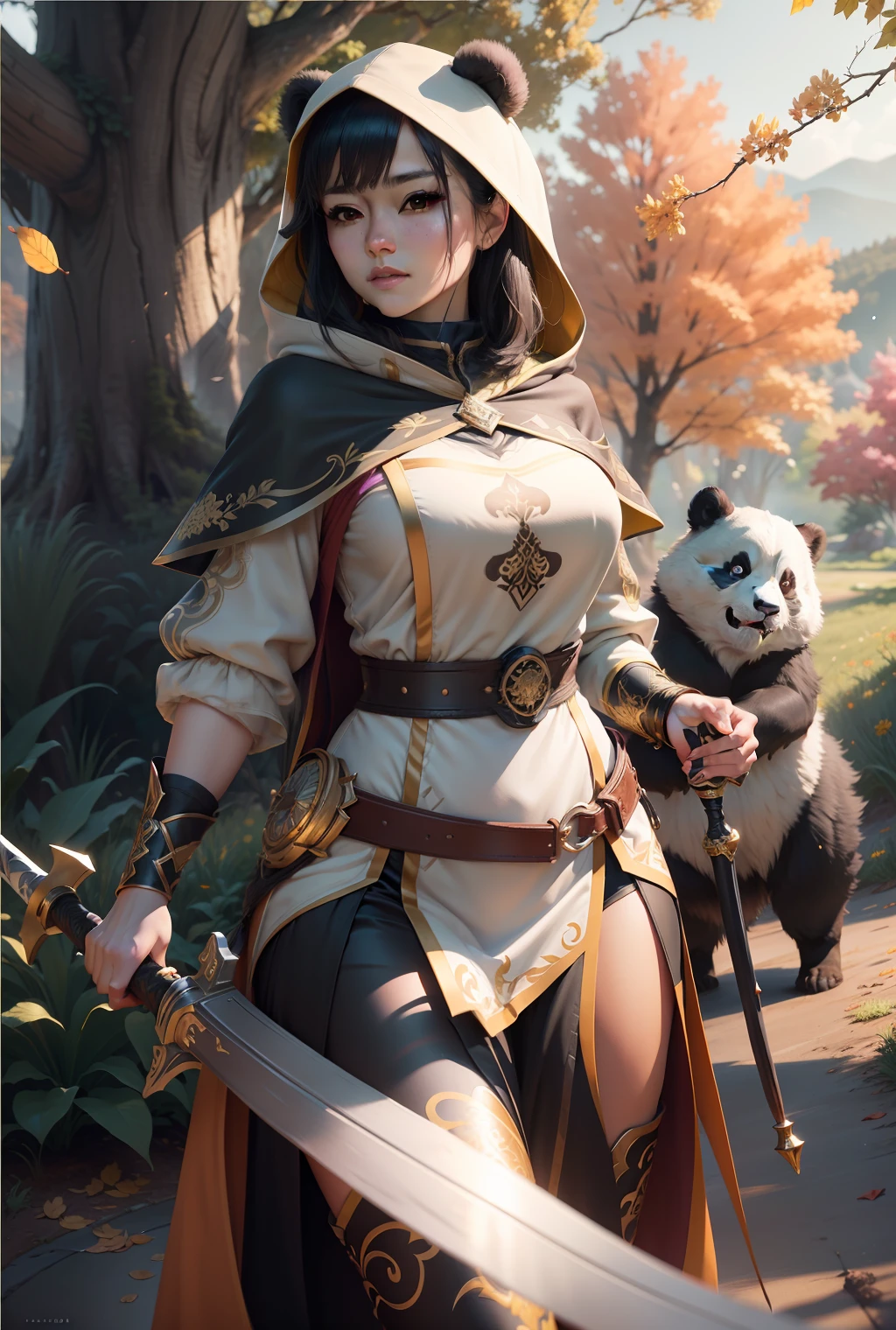 beautiful woman facing the camera black hair asian eyes, wearing a black and white panda hood holding a gleaming sword silver and gold Masterpiece, best quality, high quality, highly detailed CG unity 8k wallpaper beautiful landscape oil painting, award winning photography, bokeh, depth of field, HDR, bloom, chromatic aberration, photorealism, highly detailed, trending on artstation, on CGsociety Trending, intricate, high detail, dramatic, midjourney art and masterpiece, best quality, high quality, extremely detailed CG unity 8k wallpaper lush summer landscape with rolling green hills stretching towards the horizon, dotted with pink, yellow wildflowers, and purples, volumetric lighting and masterpiece, best quality, high quality, extremely detailed CG unity 8k wallpapers serene autumn landscape surrounded by trees in shades of golden yellow, fiery red and burnt orange. The crisp air is laced with the sweet aroma of fallen leaves and wood smoke. The ground is covered with a golden folia