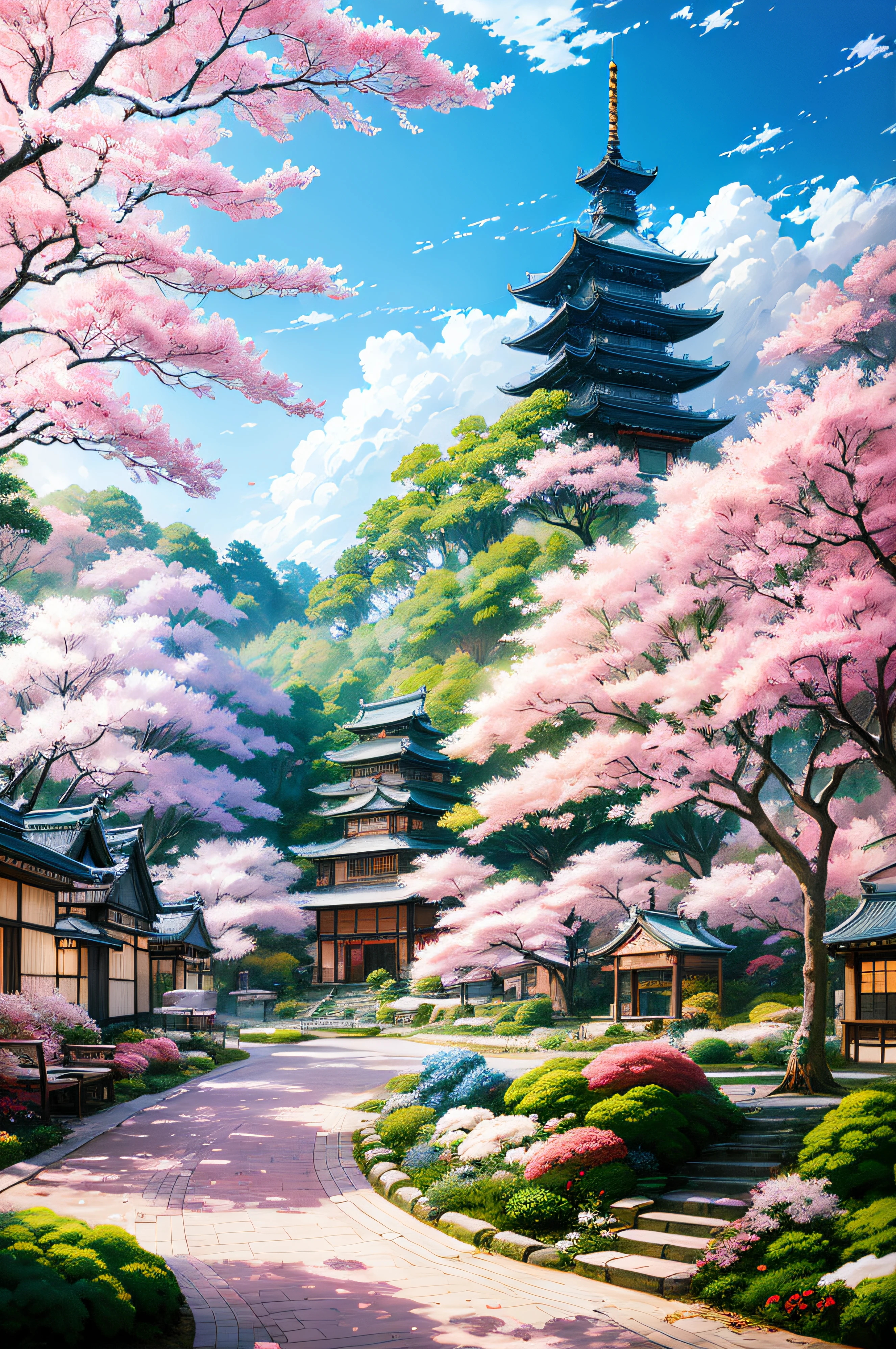(((Change image to winter season))), Anime - Paintings in the style of a garden with blooming trees and benches, anime background art, anime landscape concept art, beautiful anime scenery, Japanese art style, dreamy Chinese towns, beautiful anime scenes, realistic anime three-dimensional style, anime scenery, traditional Japanese conceptual art, anime backgrounds, beautiful anime artwork, beautiful digital artwork, drawn in the studio of an animated manga artist.