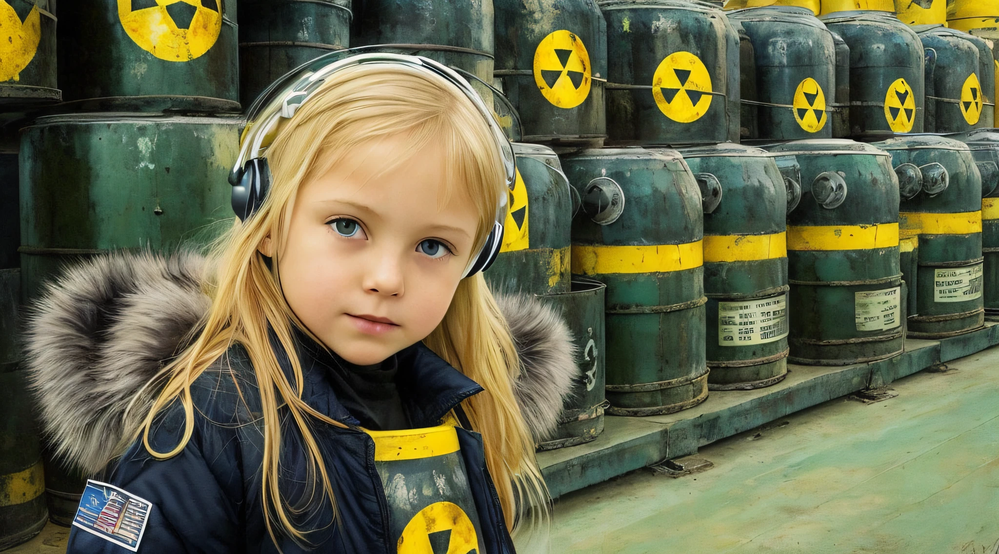 GIRL CHILD 8 YEARS OLD BLONDE HAIR, LONG, CLOSE UP, RUSSIAN STYLE HEADPHONES, BLACK FUR COAT, a closeup of a large pile of yellow barrels with radioactive symbols, nuclear waste, radioactive wastelands, toxic waste, radioactive particles, nuclear wastelands, radioactive, uranium, nuclear, nuclear fallout, post-nuclear, nuclear fashion, post-nuclear fallout,  nuclear energy, future of nuclear energy, nuclear, nuclear art, nuclear reactor, nuclear energy, radiation, toxicity, contaminated