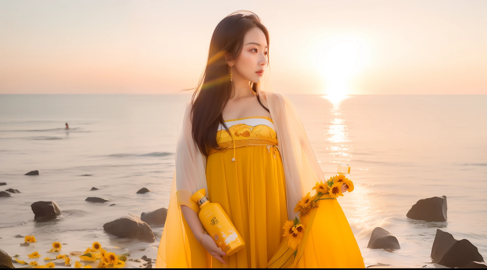 There was a woman standing on the beach,Holding a bottle of sunflowers in his hand。, full body potrait holding bottle, queen of the sea mu yanling, photoshoot for skincare brand, inspired by Tang Di, Wearing wheat yellow gauze, shot on nikon z9, Inspired by Huang Ji, lady using yellow dress, with yellow cloths, Korean woman, drink