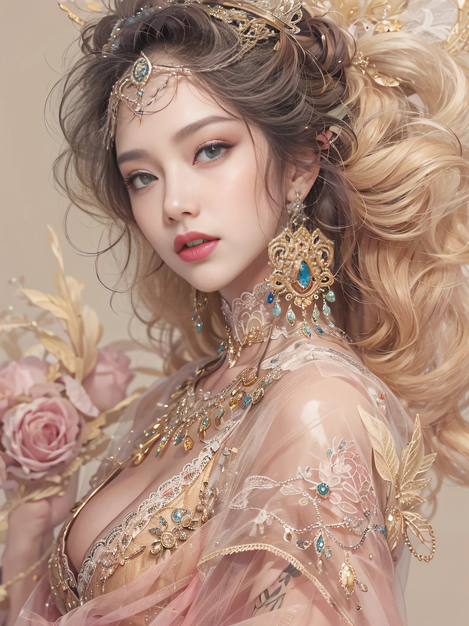 offcial art,统一 8k 壁纸,ultra - detailed,Beauty and aesthetics,big breasts beautiful,tmasterpiece,best qualtiy,(zentangle,datura,Tangles,entangled),dynamic angle,cowboyshot,The most beautiful form of chaos,ellegance,Fauvistdesign,Vivid colors、romanticism lain,The most stunning costumes and perfect figures,Lace pink dress,A crown on the head,Realistic portraits