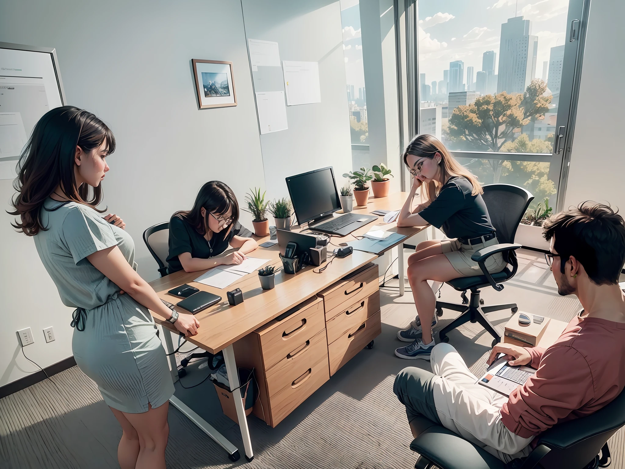 Several people sat at their desks,Hold computers and laptops, At the office, working in an office. filling of the view, 3 6 0 capture, In the office, postproduction, sitting in office, busy room, digital artist, Shot on Canon EOS R 6, for hire 3d artist, leaked image, shot on iphone