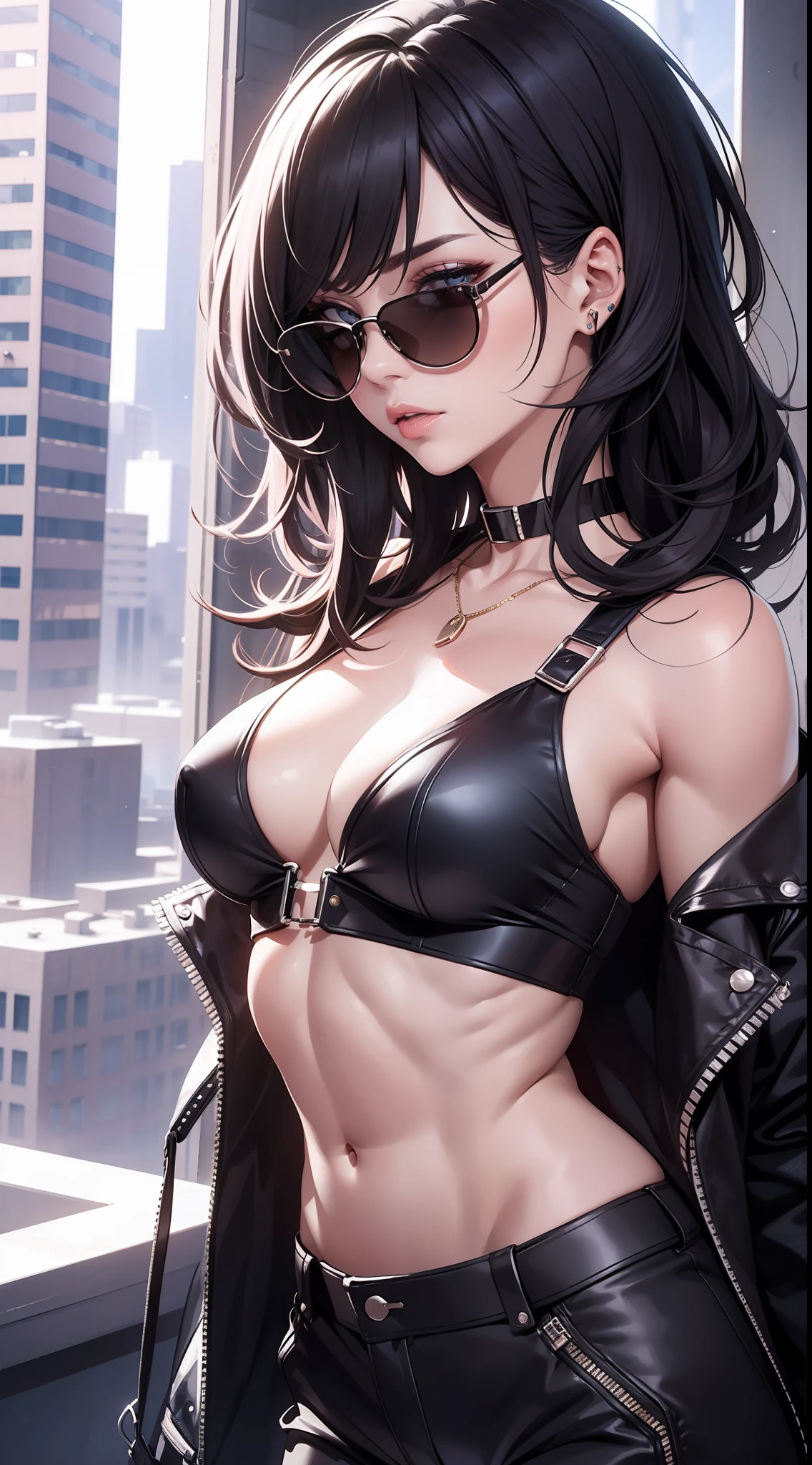 best quality, masterpiece, sexy, bad girl, muscular, ruffled hair, choker, shades, cropped top, pants, rich, cool ,edgy, beautiful, futuristic, modern