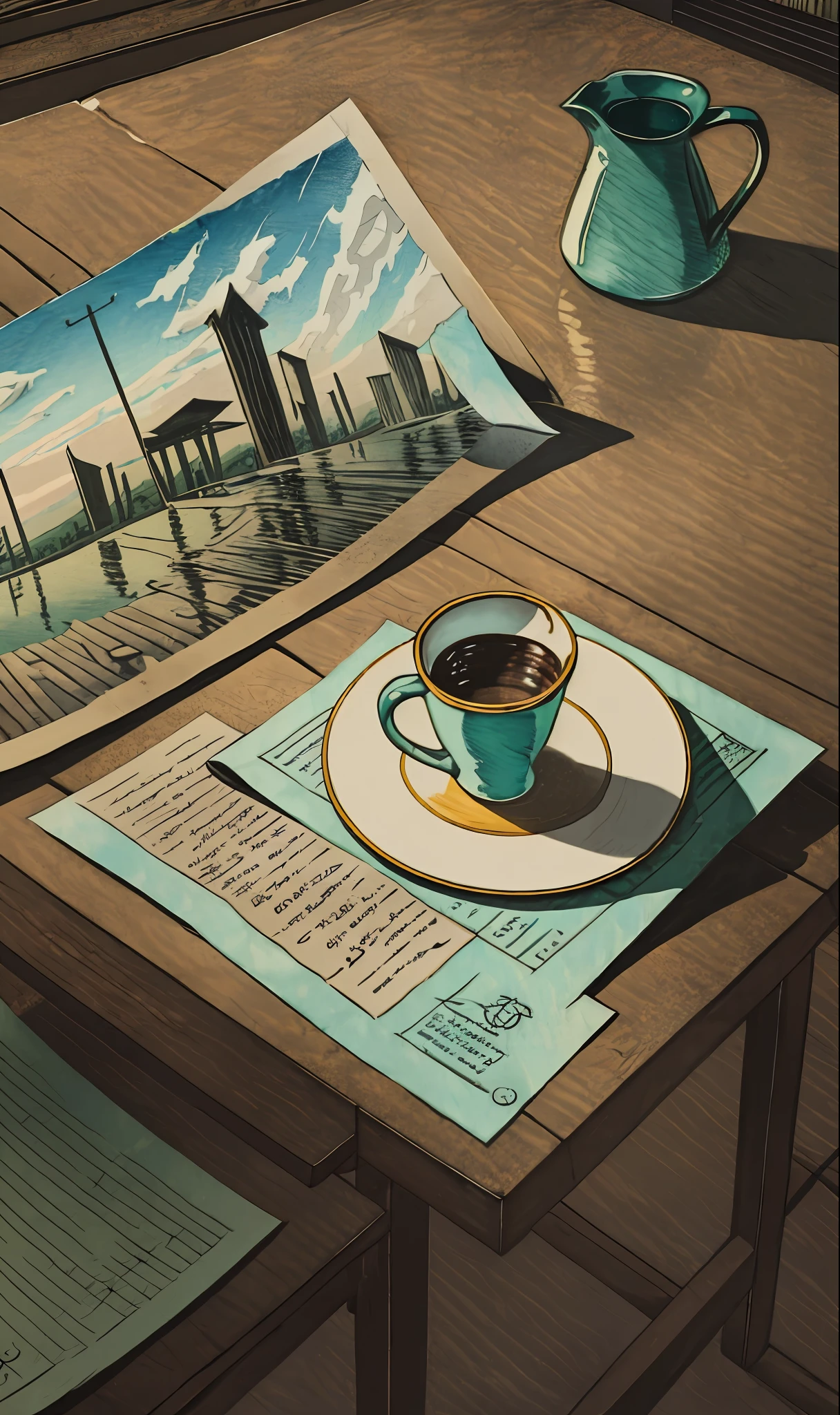 The background is a realistic drawing of a table，There is a poster flyout on the table，It is written in English，Table details
