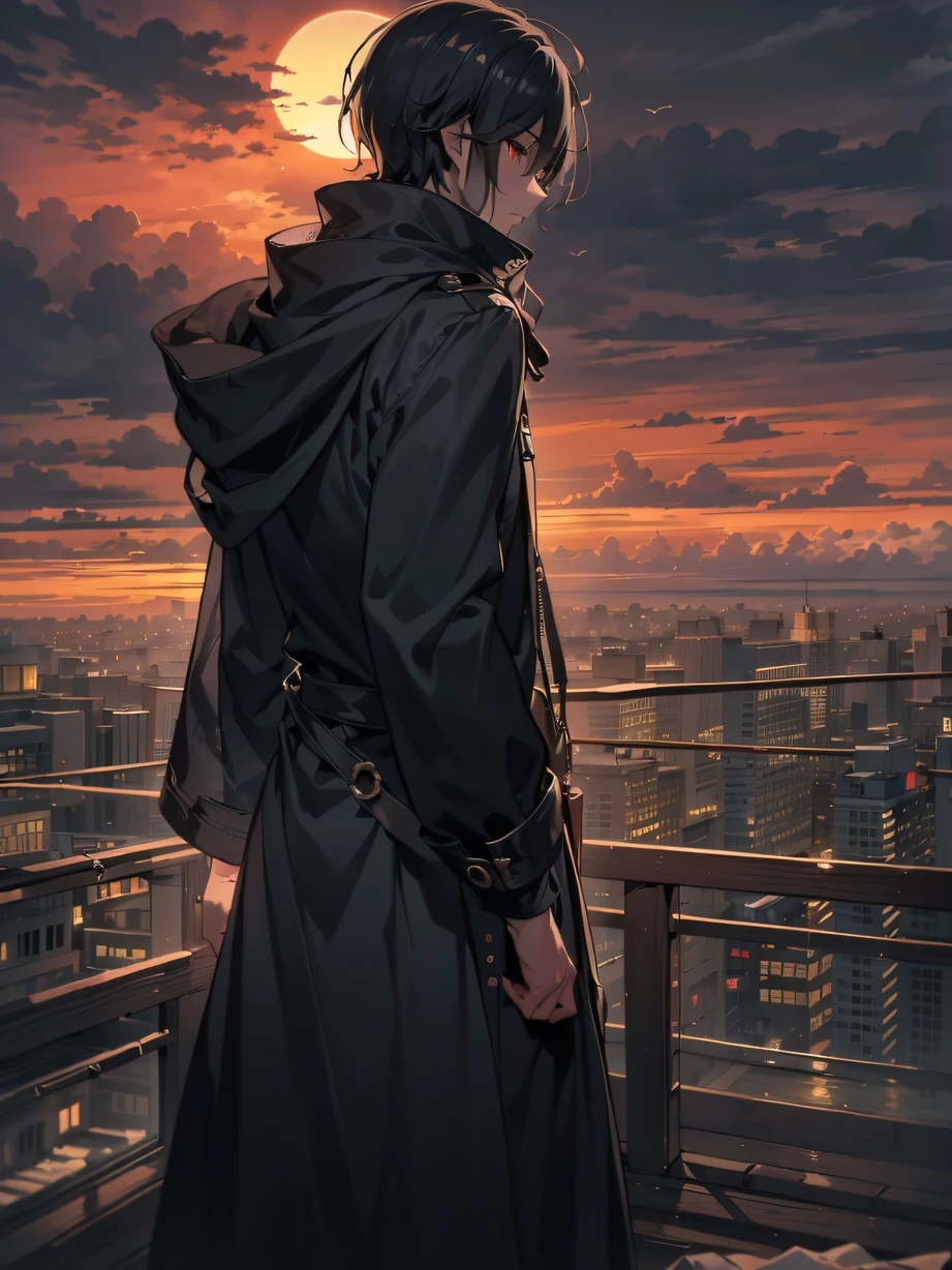 ，masterpiece, best quality，8k, ultra highres，deep in the night，Man sitting alone on the balcony，Looking out at the empty streets。Falling raindrops in the sky wet his cheeks，It was as if nature had soothed his soul。He closed his eyes gently，Plunge into a vortex of memories，Trace the beauty and pain of the past，The waves in my heart rippled again。