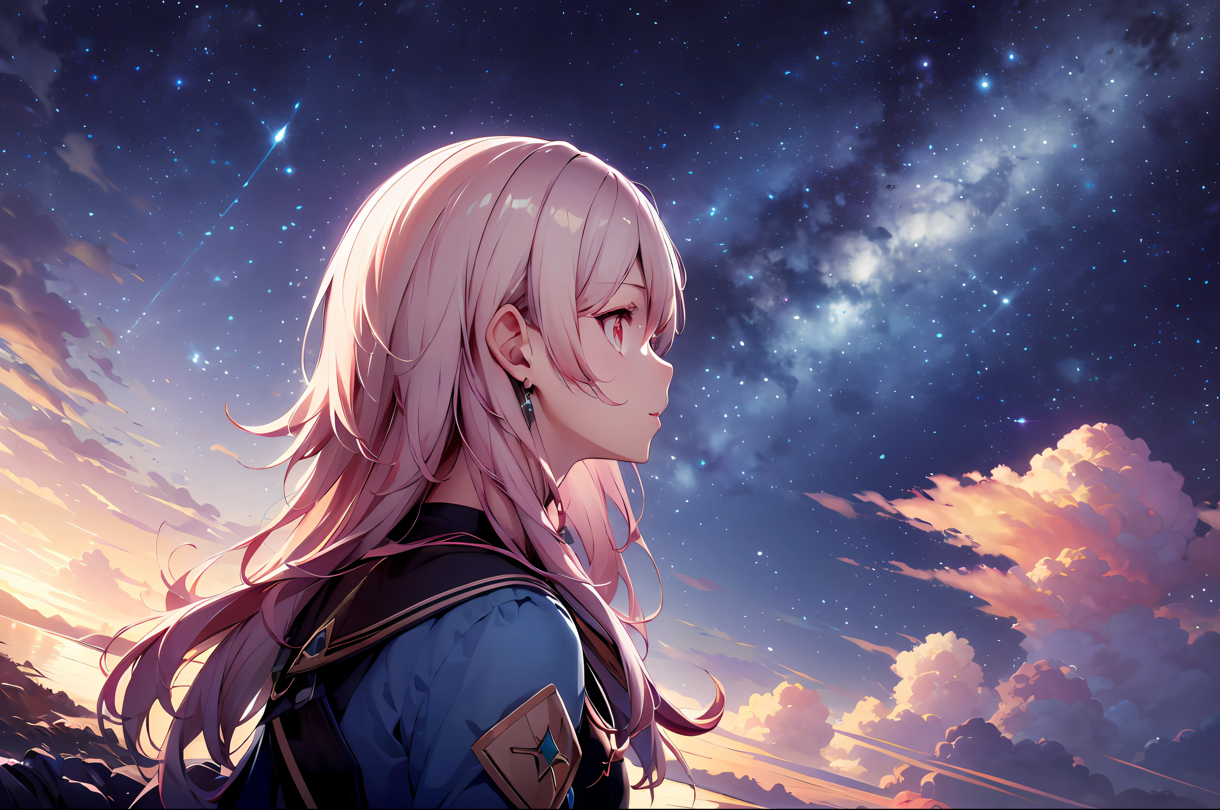 absurdres, highres, (official art, beautiful and aesthetic:1.2), close view,
shining sky, vast world, girl, gazing, awe-inspiring expression, distant horizon, clouds, high hill, natural beauty, inspiration, light effects,