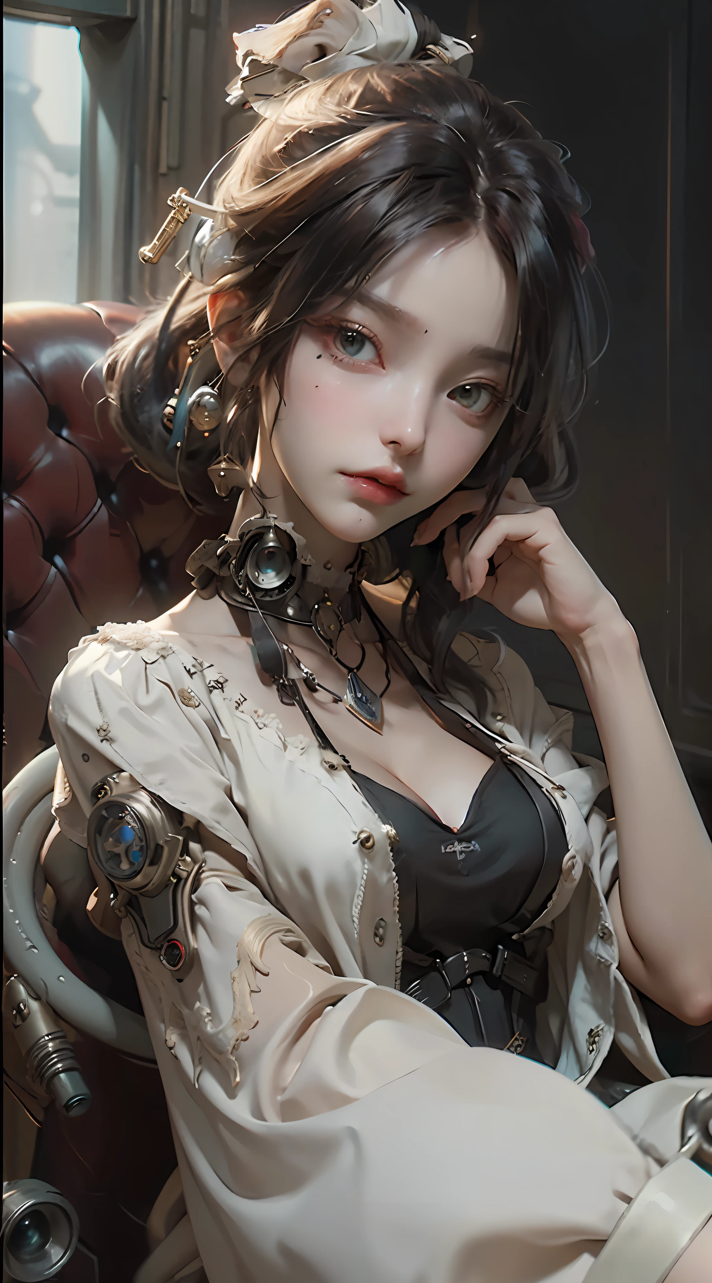 ((best qualtiy)), ((tmasterpiece)), (the detail:1.4), 3D, A beautiful cyberpunk female image,hdr（HighDynamicRange）,Ray traching,NVIDIA RTX,Hyper-Resolution,Unreal 5,Subsurface scattering、PBR Texture、post-proces、Anisotropy Filtering、depth of fields、maximum definition and sharpness、Many-Layer Textures、Albedo e mapas Speculares、Surface coloring、Accurate simulation of light-material interactions、perfectly proportions、rendering by octane、Two-colored light、largeaperture、Low ISO、White balance、the rule of thirds、8K raw data、A woman in a steampunk costume，steampunk beautiful anime woman，a steampunk beautiful goddess，steampunk girl，big breasts exposed cleavage，Exposed cleavage，estilo de fantasia steampunk，steampunk inventor girl,Sci-fi steampunk，Steampunk cyberpunk，like lady mechanika,steampunk aesthetic，digital steampunk art，(steampunc）（steampunc），portrait of a mechanical girl，steampunk wind, beautiful girl cyborg， (Steam trains)，Beautifulcollarbone，Raise the back side with one hand，